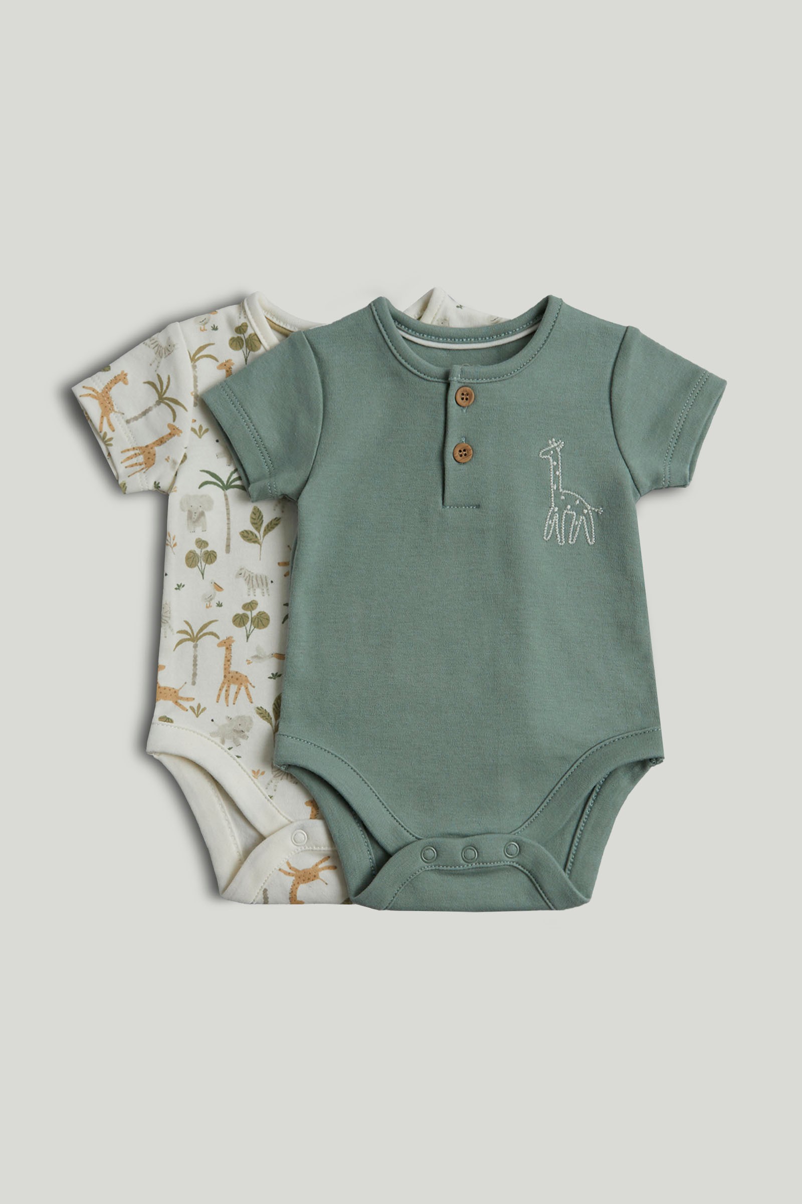 Mothercare Newborn Boys Sage Safari Printed Short Sleeves Bodysuit - Pack of 2 - Multi