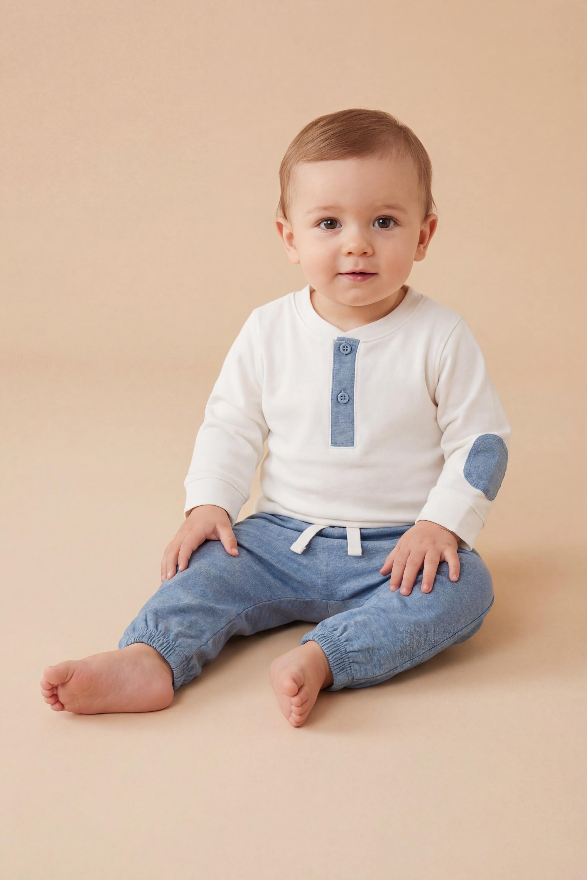 Mothercare My First Boys Contemporary Full Sleeves 2-Piece T-shirt and Jogger Set - Cream