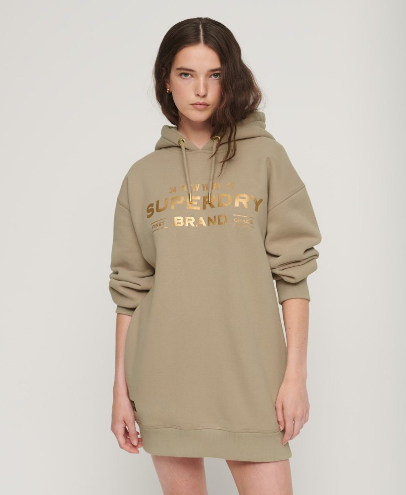 LUXE METALLIC LOGO HOOD DRESS