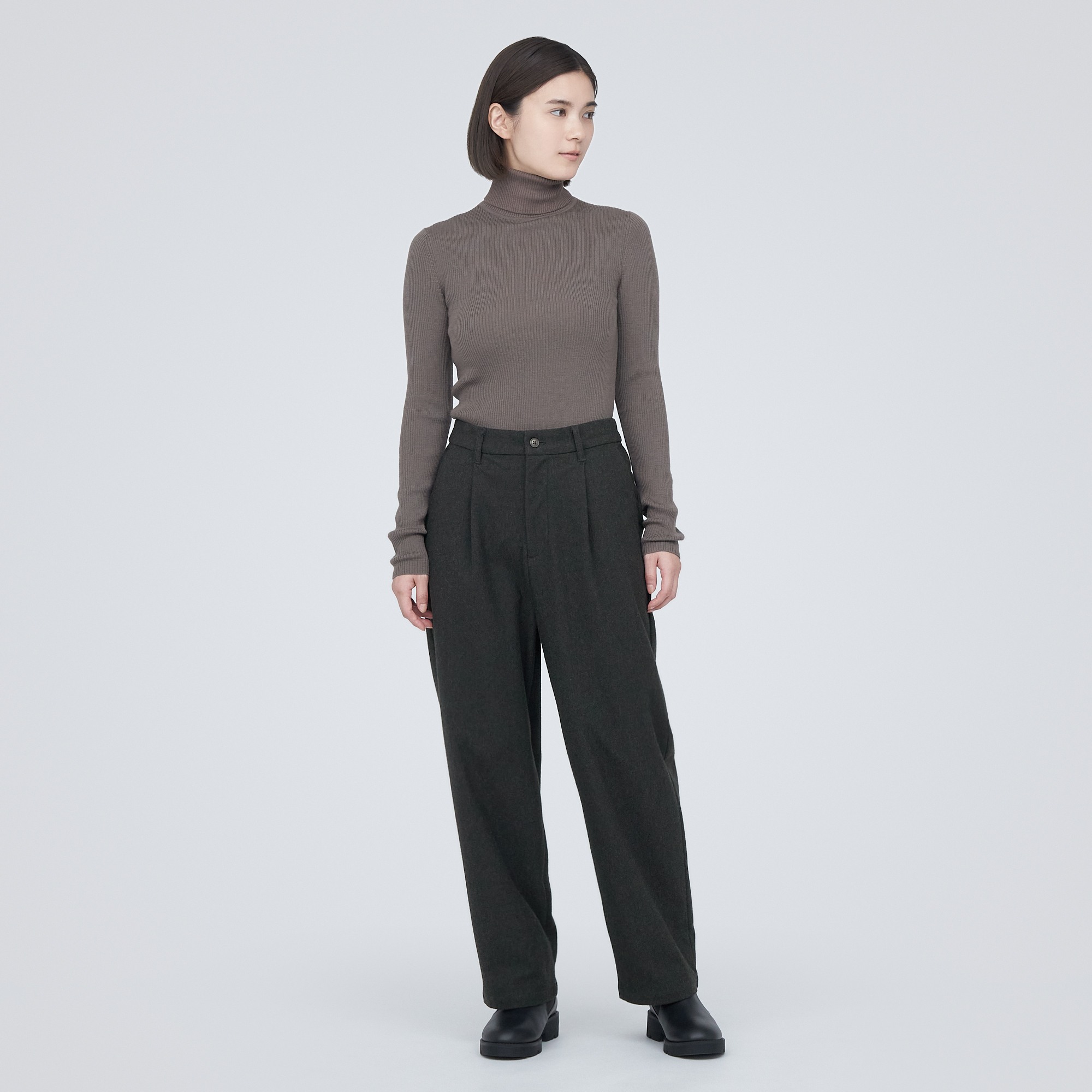 MUJI | Stretch brushed Tuck wide pants