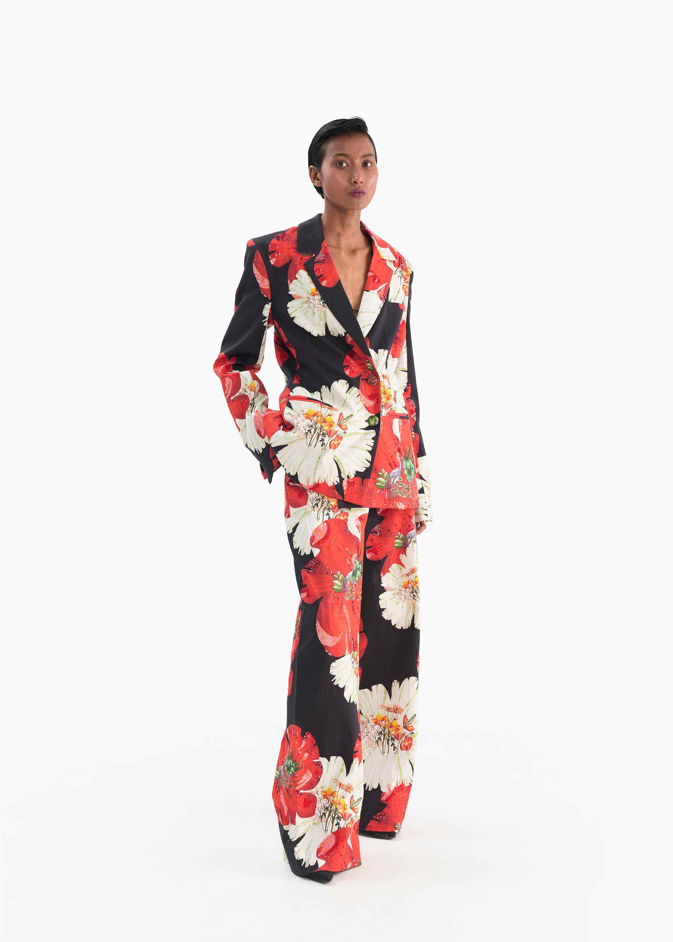 Afew Rahul Mishra | Floral Print Cotton Embroidered Power Shoulder Jacket & Printed Hibiscus Carnation Pant