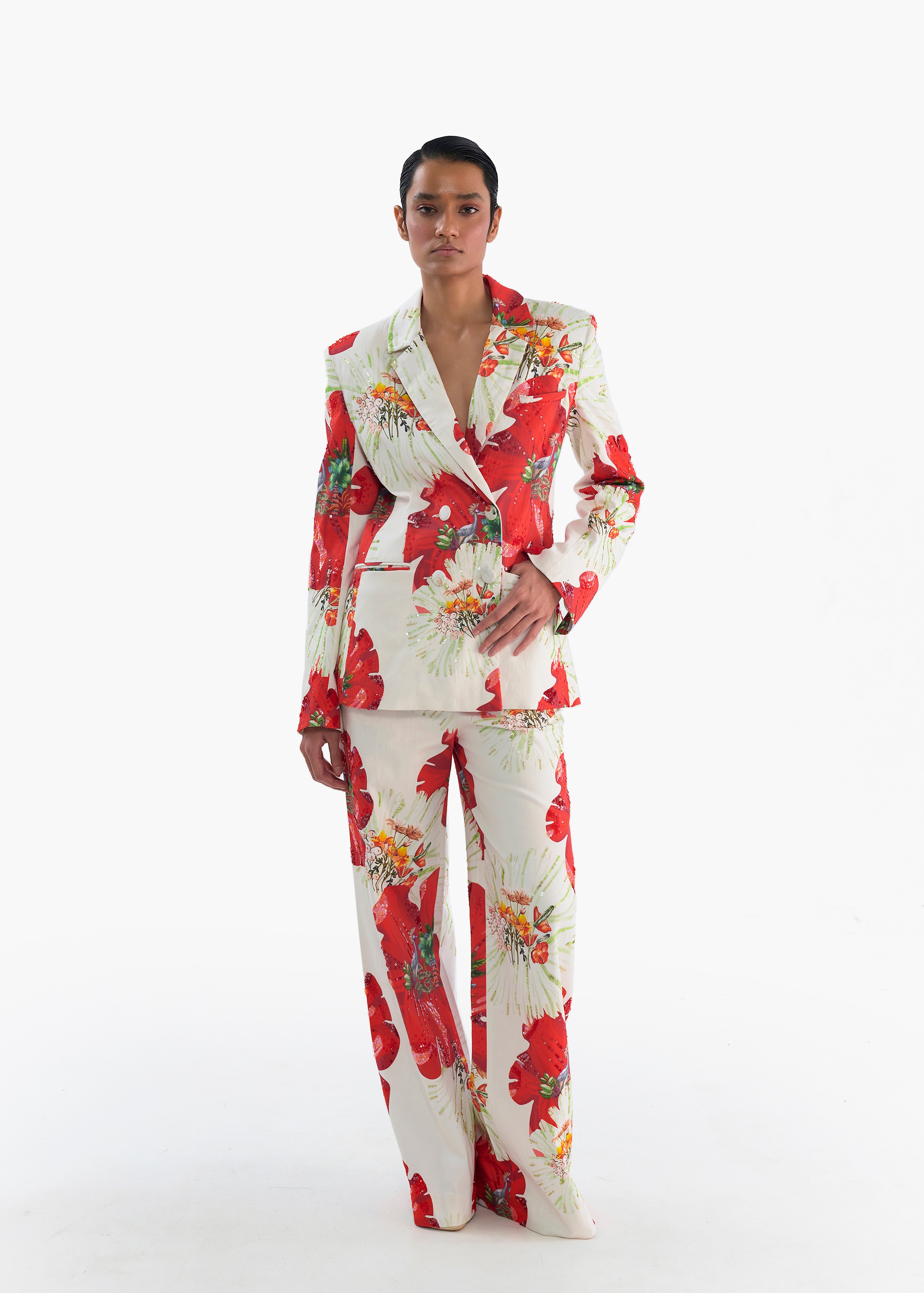 Afew Rahul Mishra | Floral Print Cotton Embroidered Power Shoulder Jacket & Printed Hibiscus Carnation Pant
