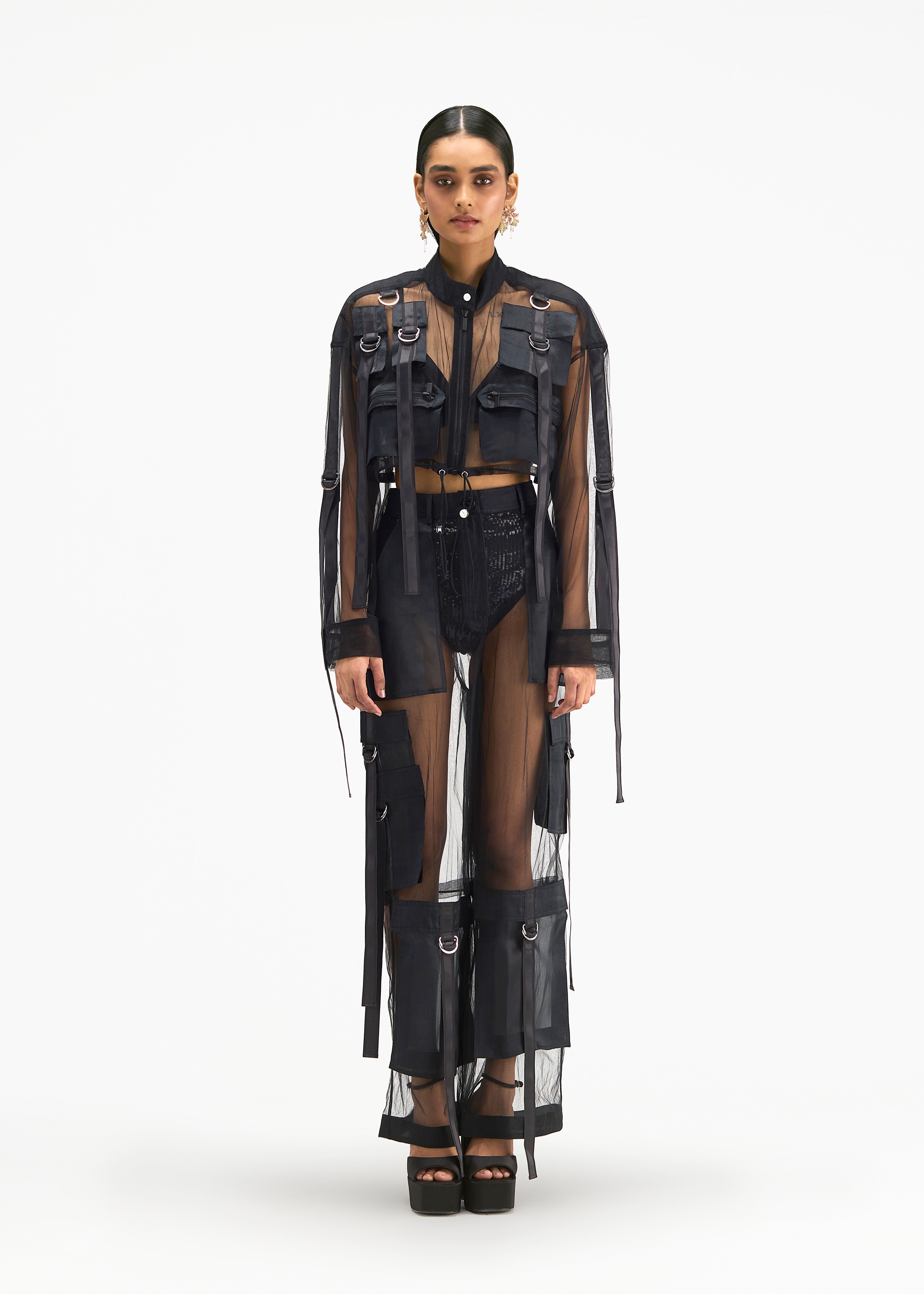 Afew Rahul Mishra | Mesh With Silk Satin Organza Pocket Cropped Cargo Jacket & Transy Cargo Pant
