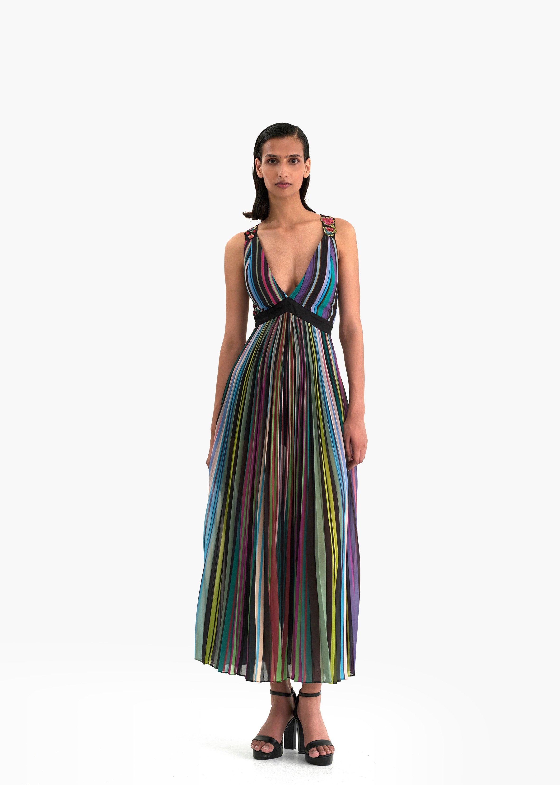 V Neck Striped Radial Pleated Maxi
