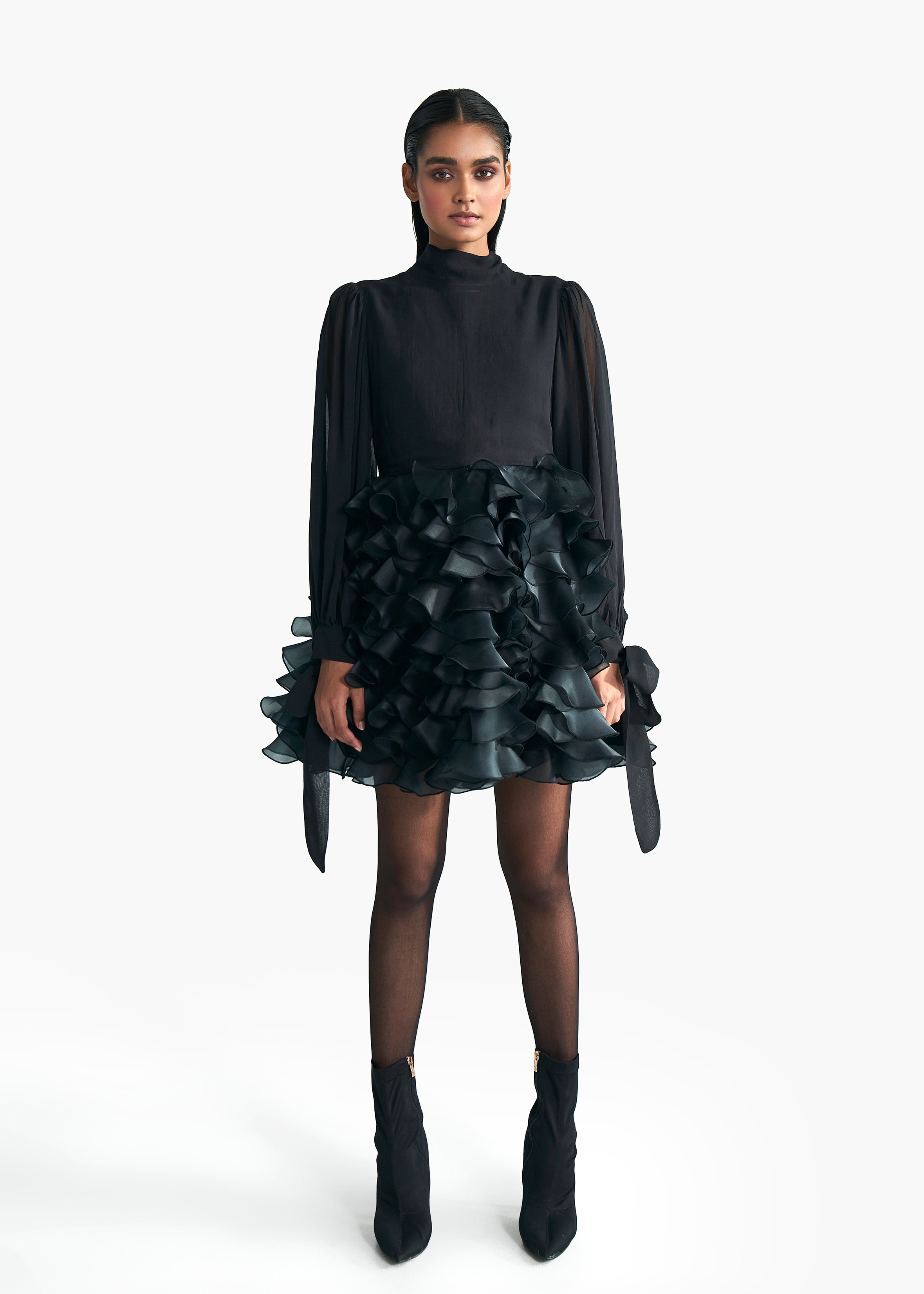 Ruffled Short Dress With Tie Ac