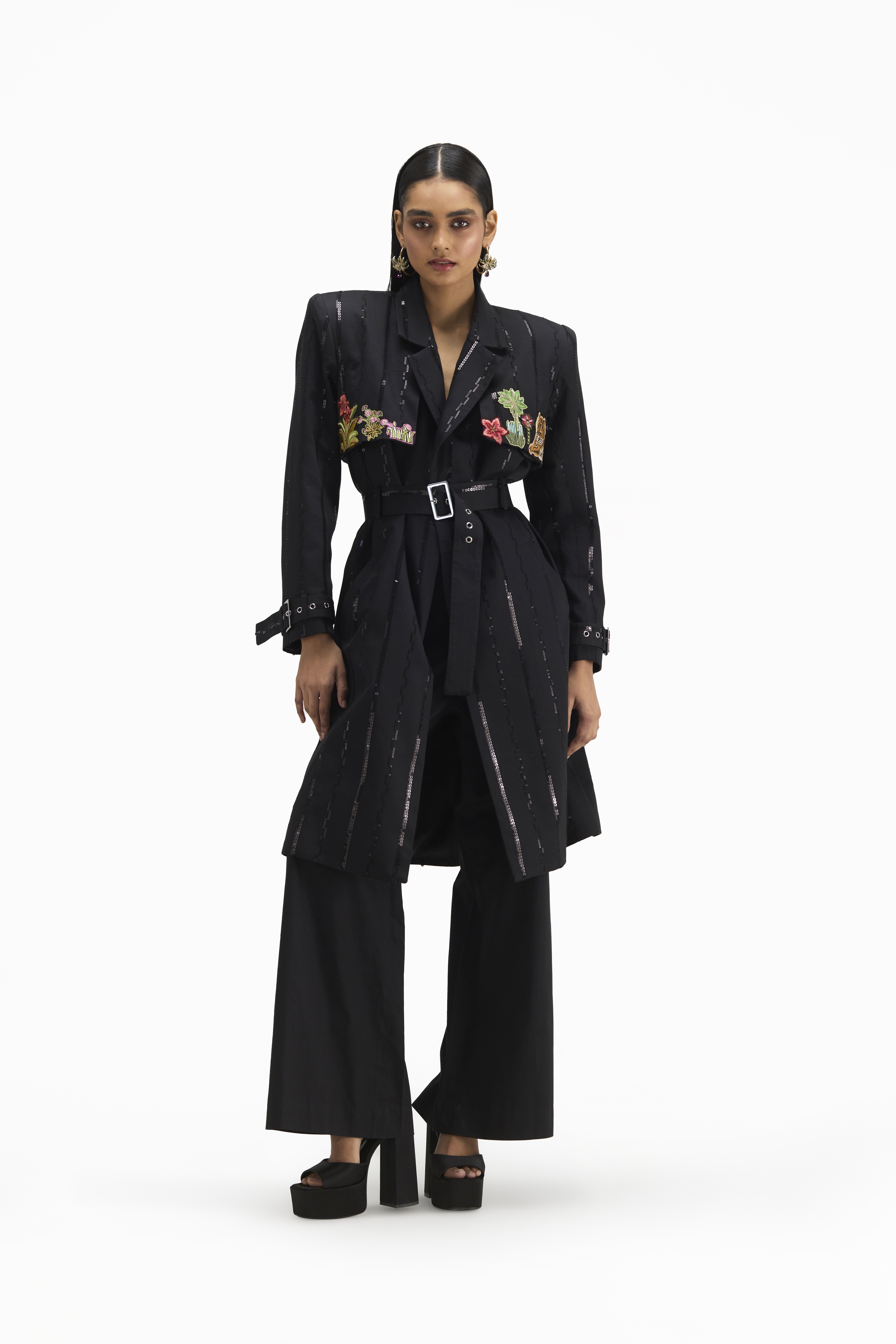 Women's Black Egyptian giza cotton Carnation patched embroidered Trench