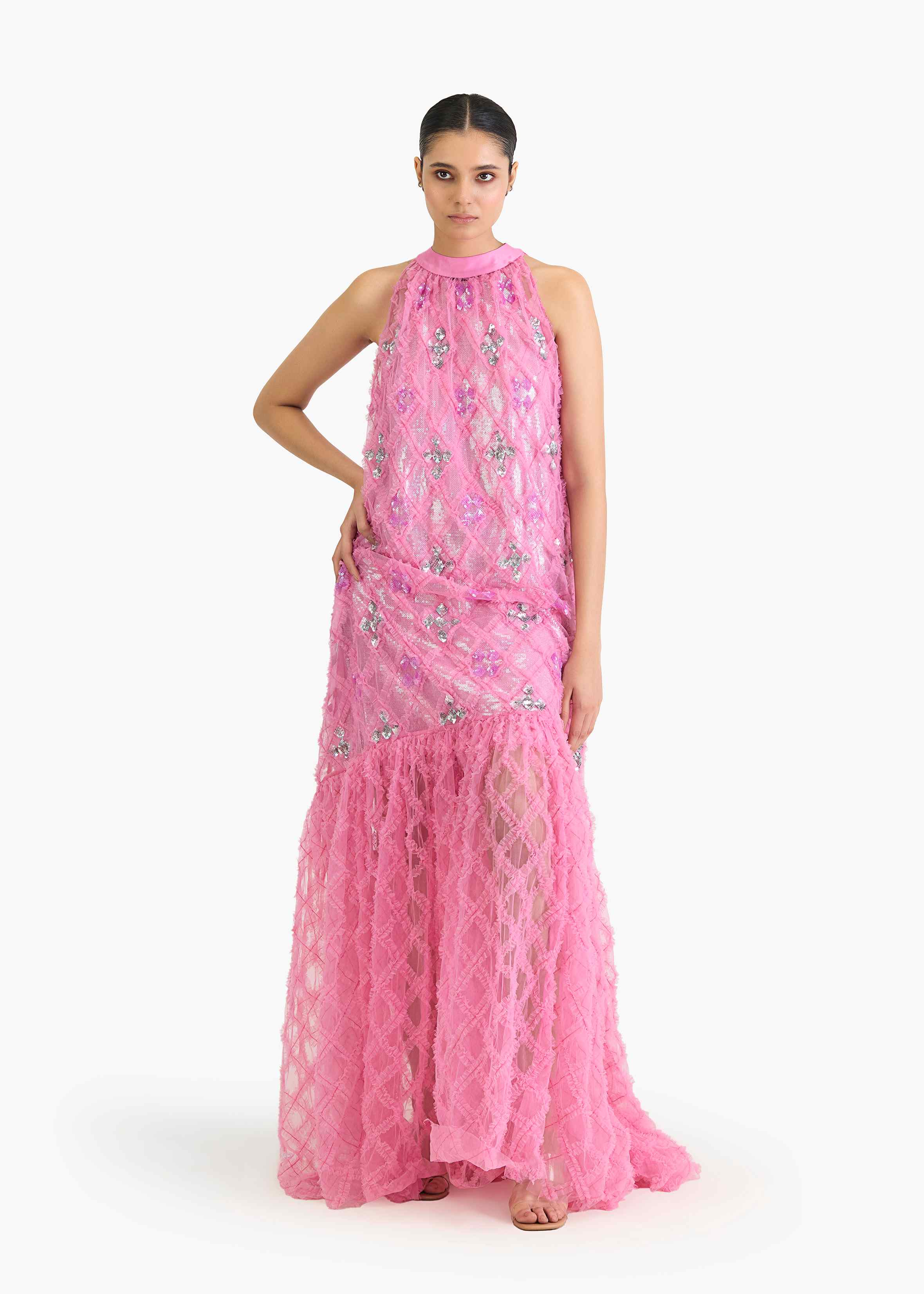 Ruffle with sequin emb pink halter dress