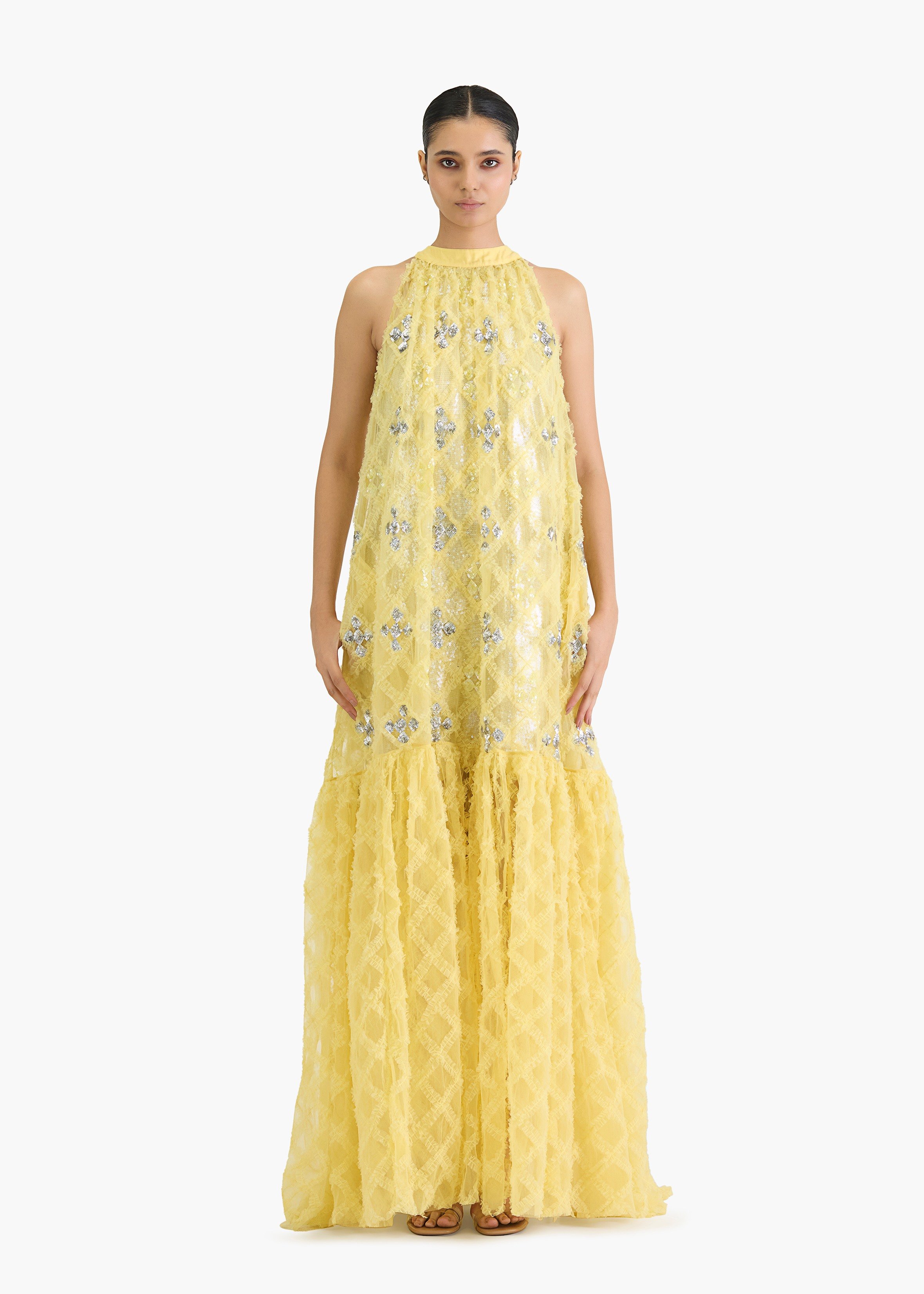 Ruffle with sequin emb yellow halter dress