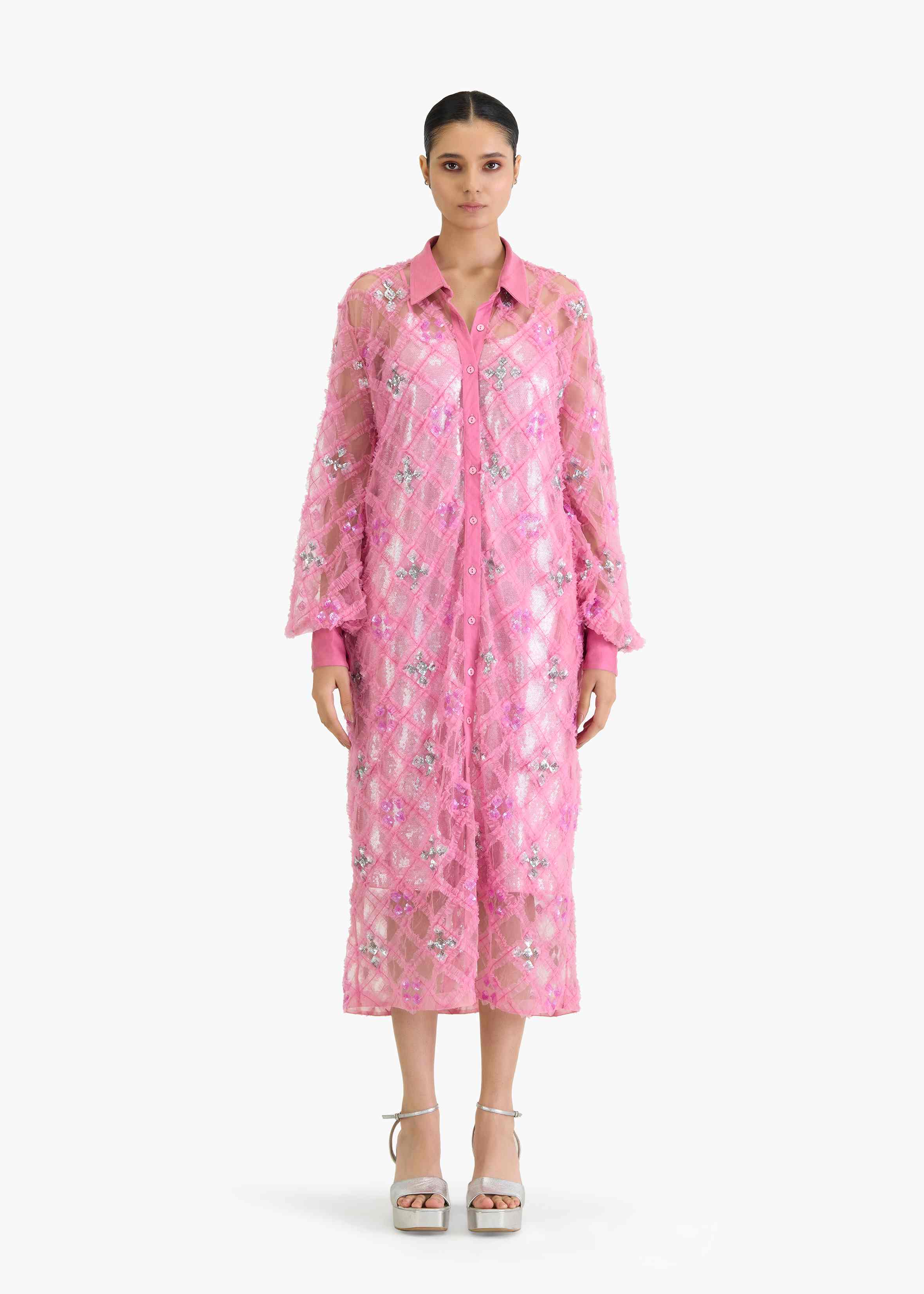 Ruffle with sequin emb pink shirt dress