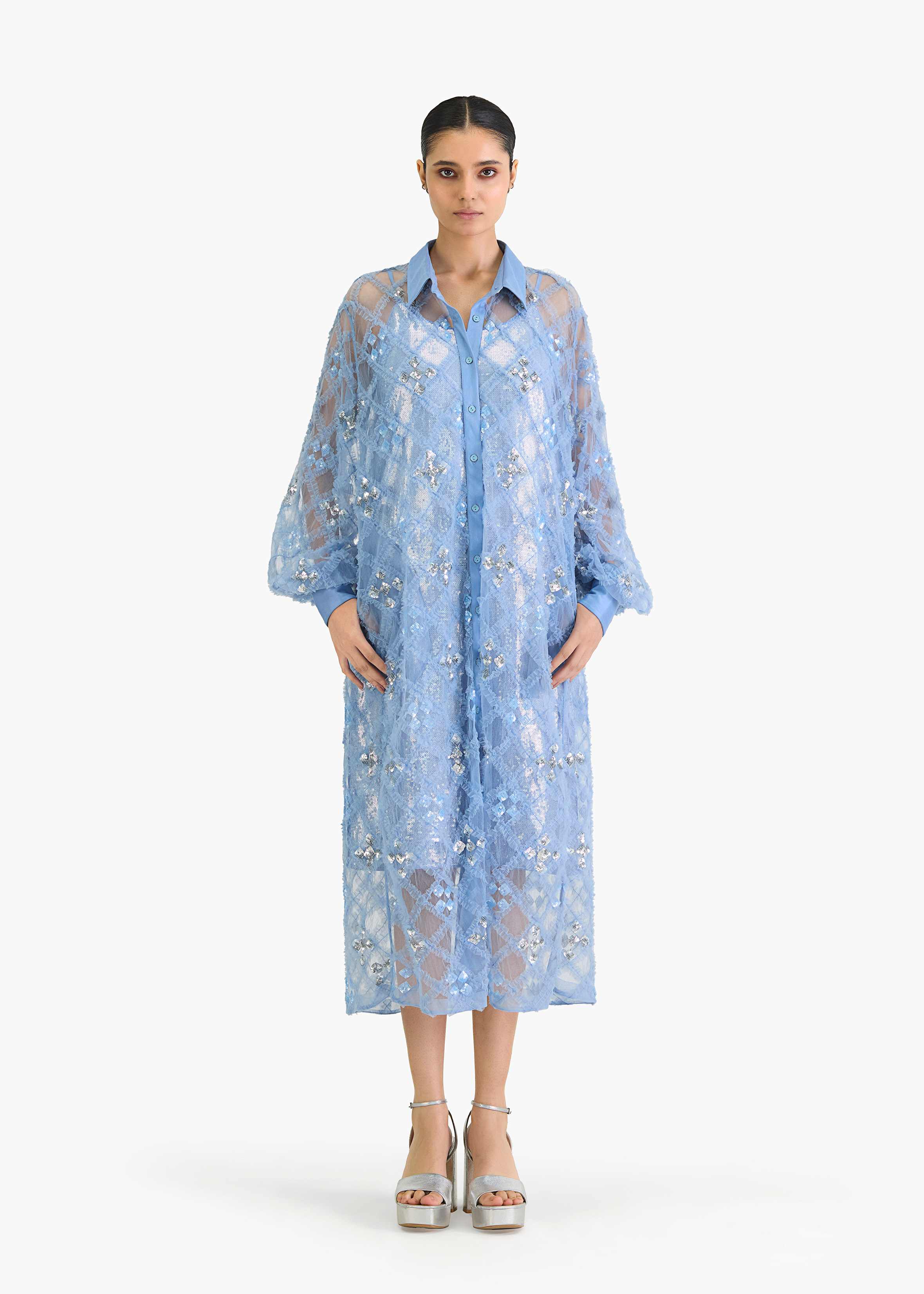 Ruffle with sequin emb blue shirt dress