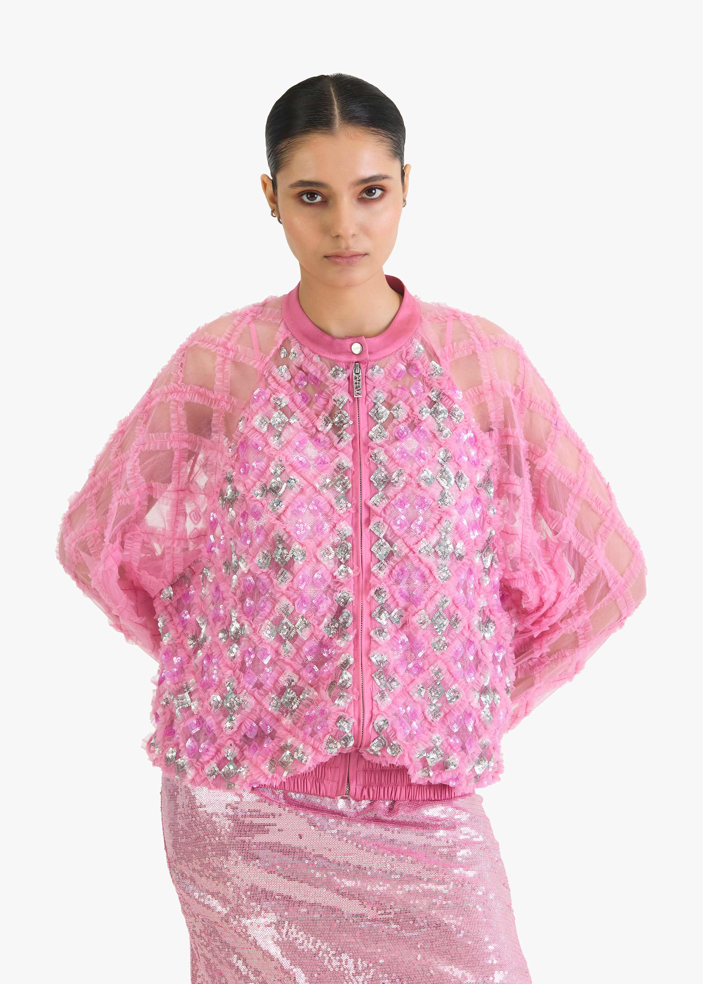Afew Rahul Mishra | Ruffle with sequin emb pink bomber jacket