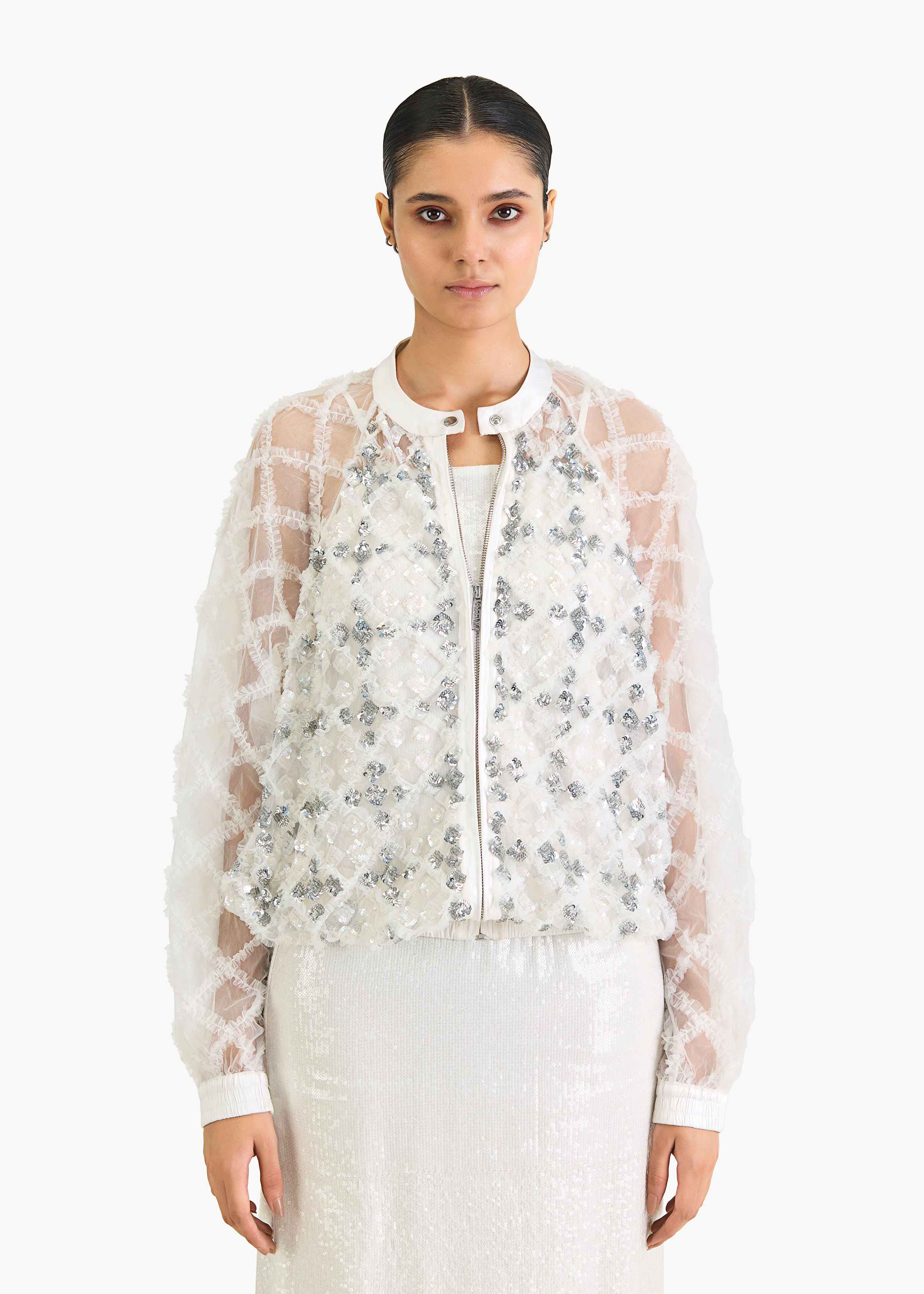 Afew Rahul Mishra | Ruffle with sequin emb white bomber jacket