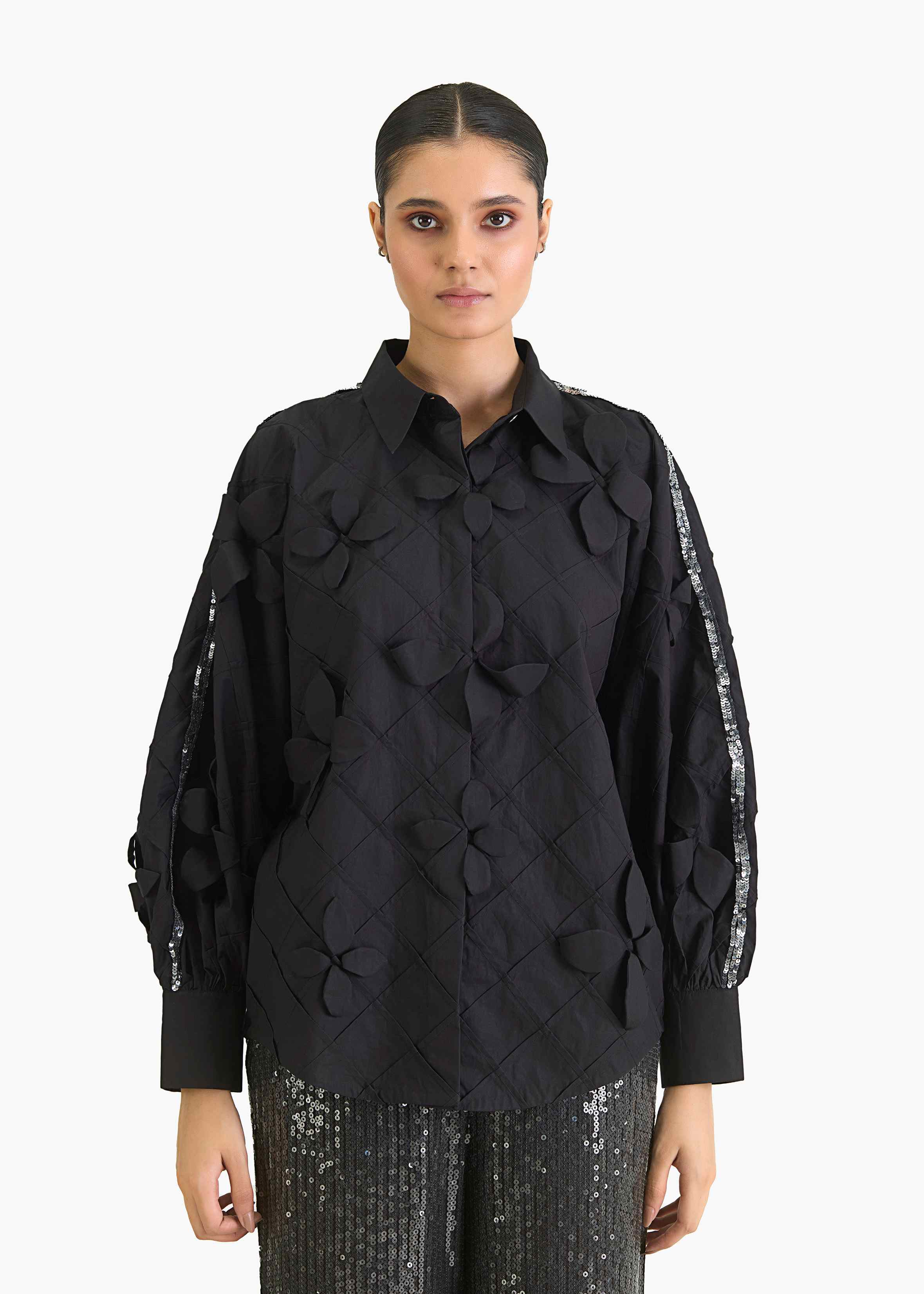 Afew Rahul Mishra | Black kimono checks pintuck & applique shirt