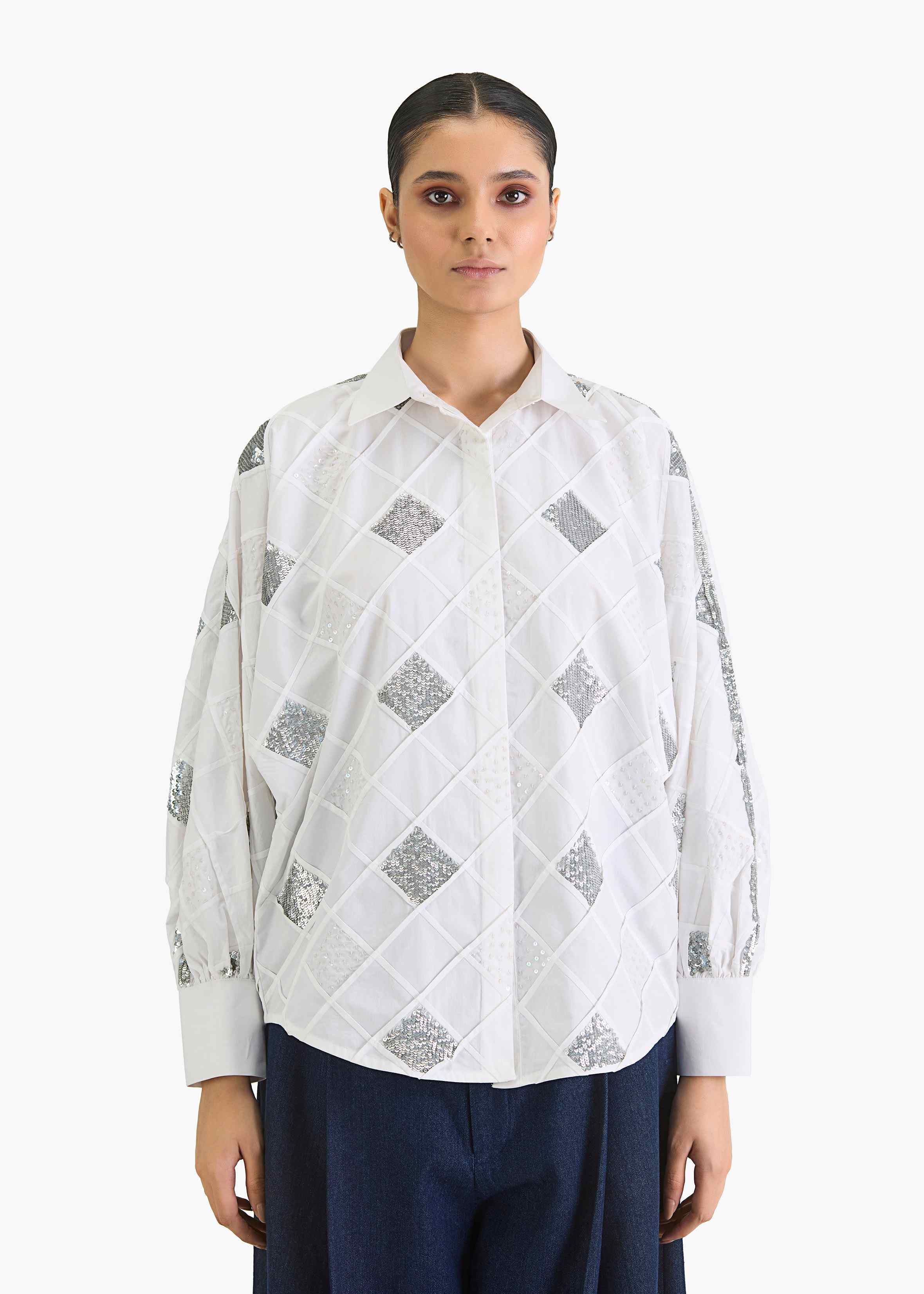 Afew Rahul Mishra | Pintuck kimono white shirt with sequin emb