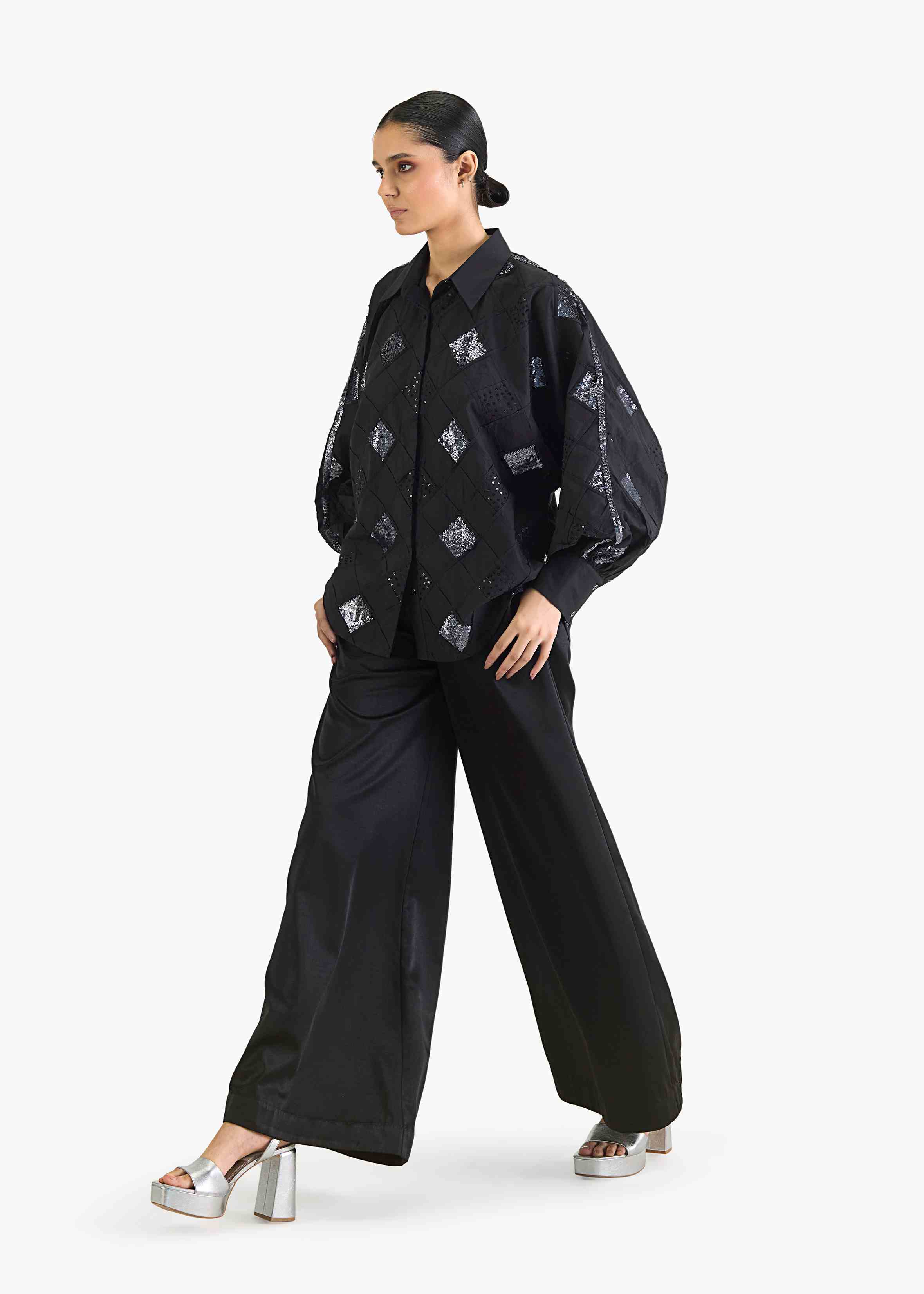 Afew Rahul Mishra | Pintuck kimono black shirt with sequin emb