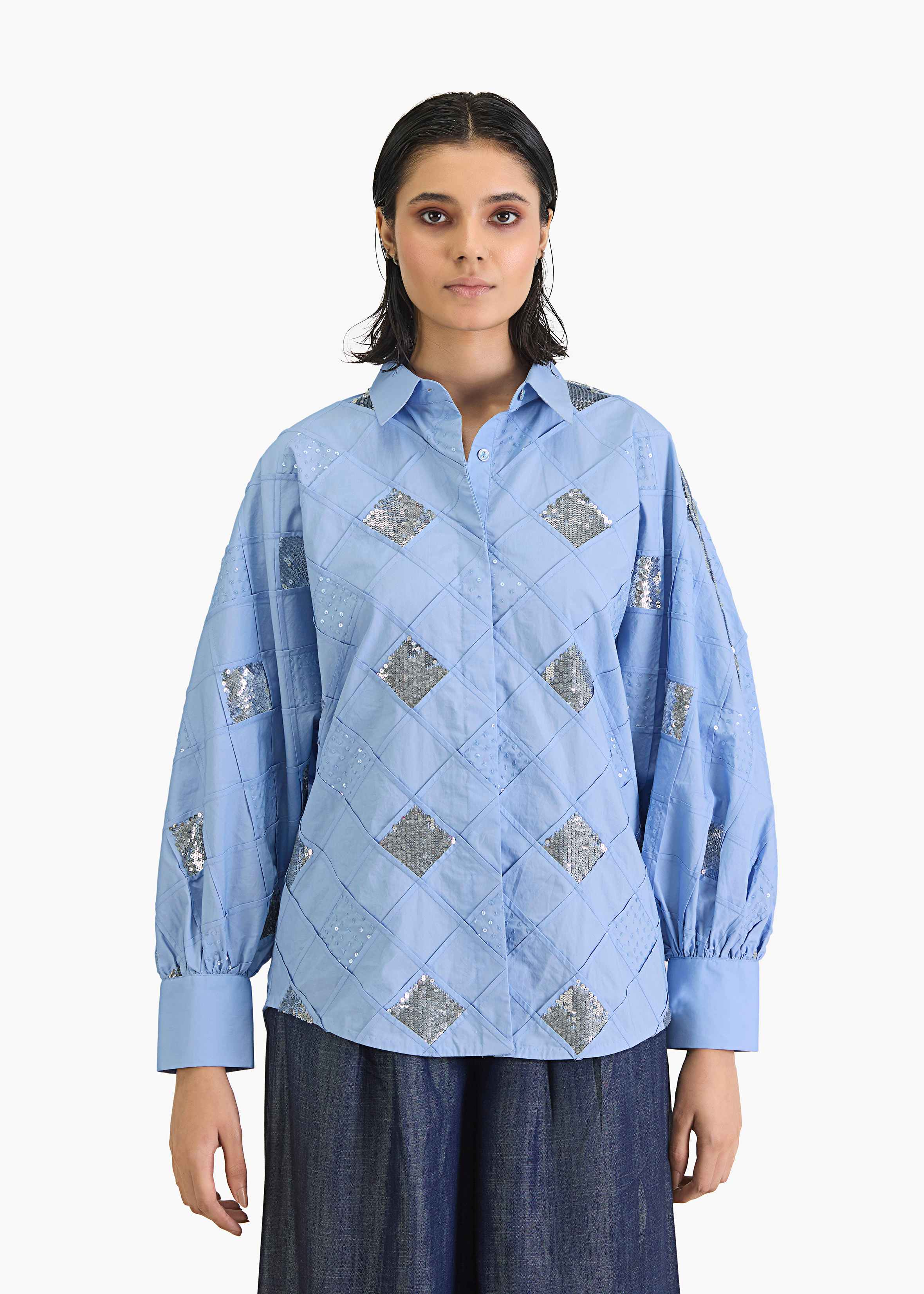 Afew Rahul Mishra | Pintuck kimono blue shirt with sequin emb