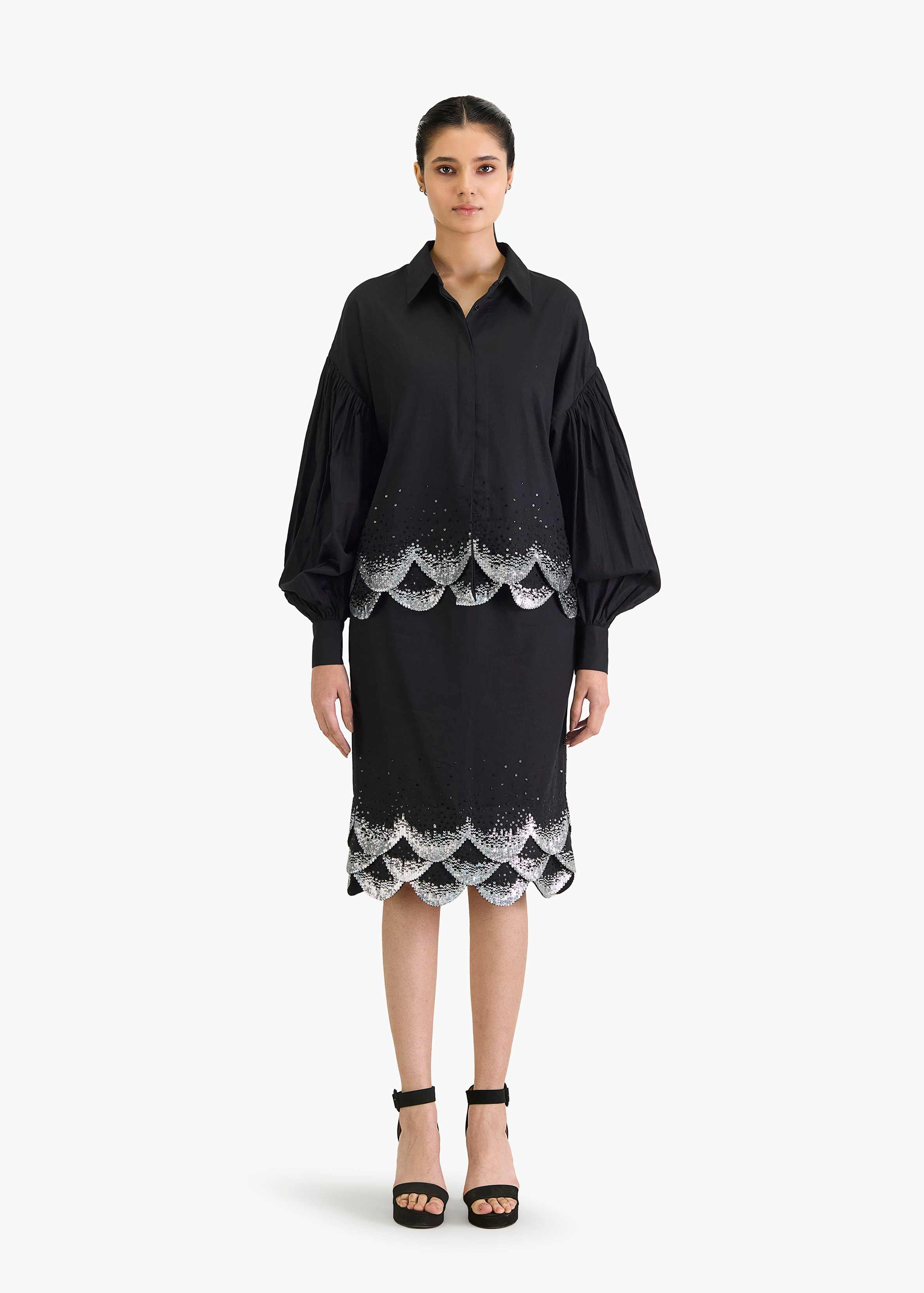Afew Rahul Mishra | Relaxed black shirt with scallop emb hem