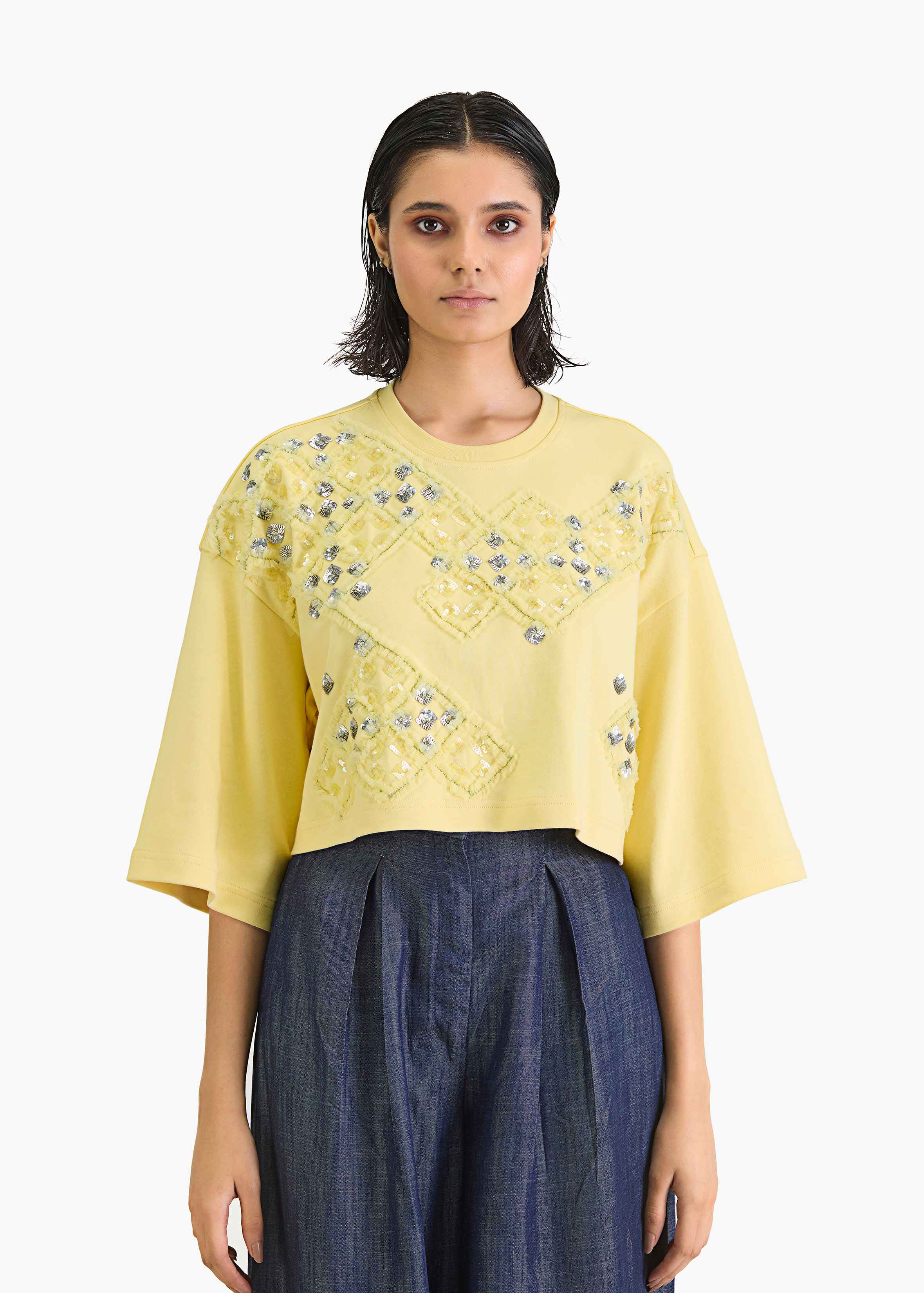 Embroidered yellow crop t-shirt  with ruffles
