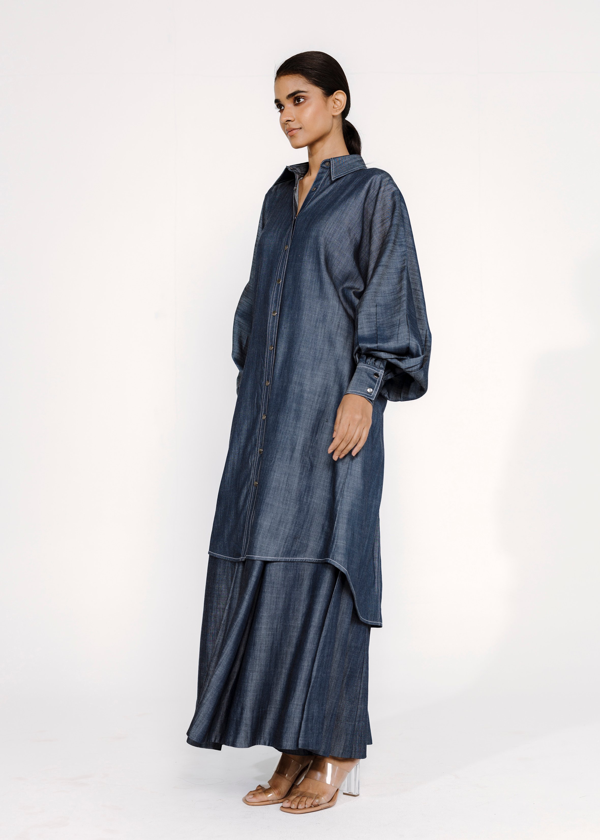 denim tencel shirt dress with foliage