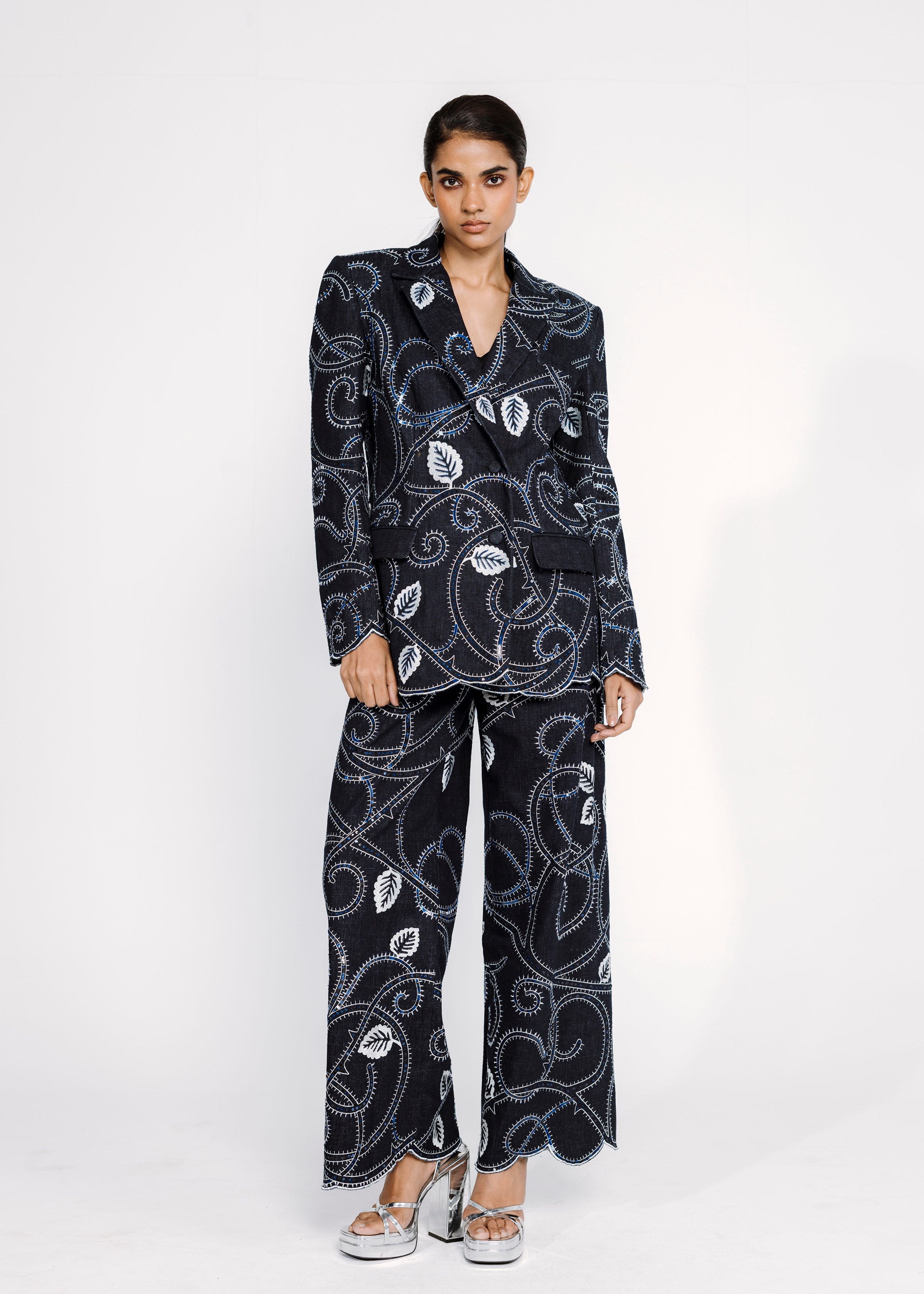 Tendril Embroidered Double Breasted Jacket