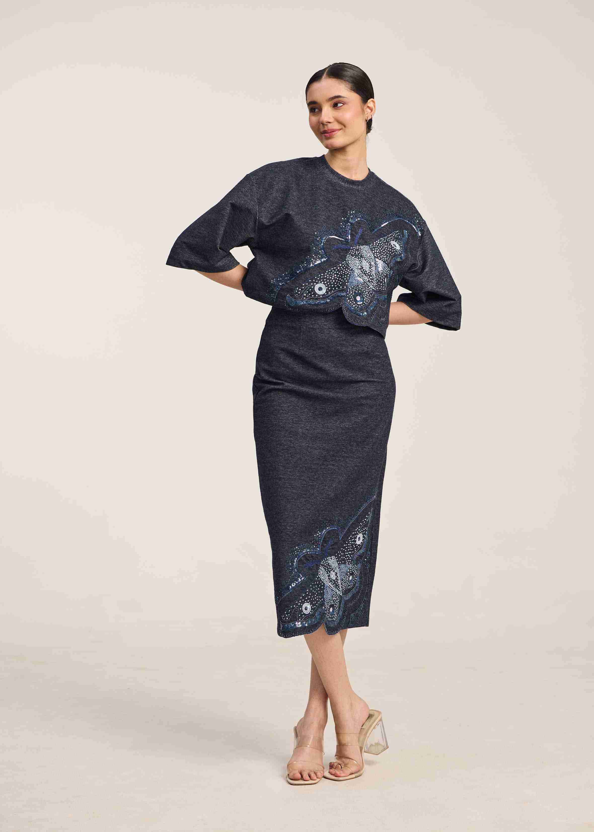 Pencil Skirt With 3D Moth Embroidery