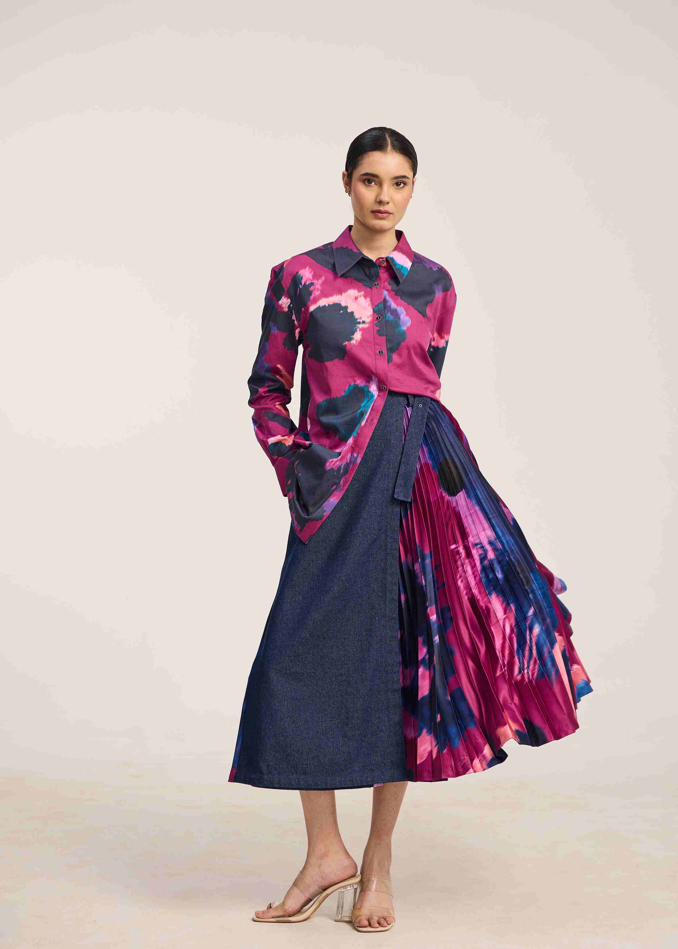 Afew Rahul Mishra | Printed Pleated skirt with denim flap