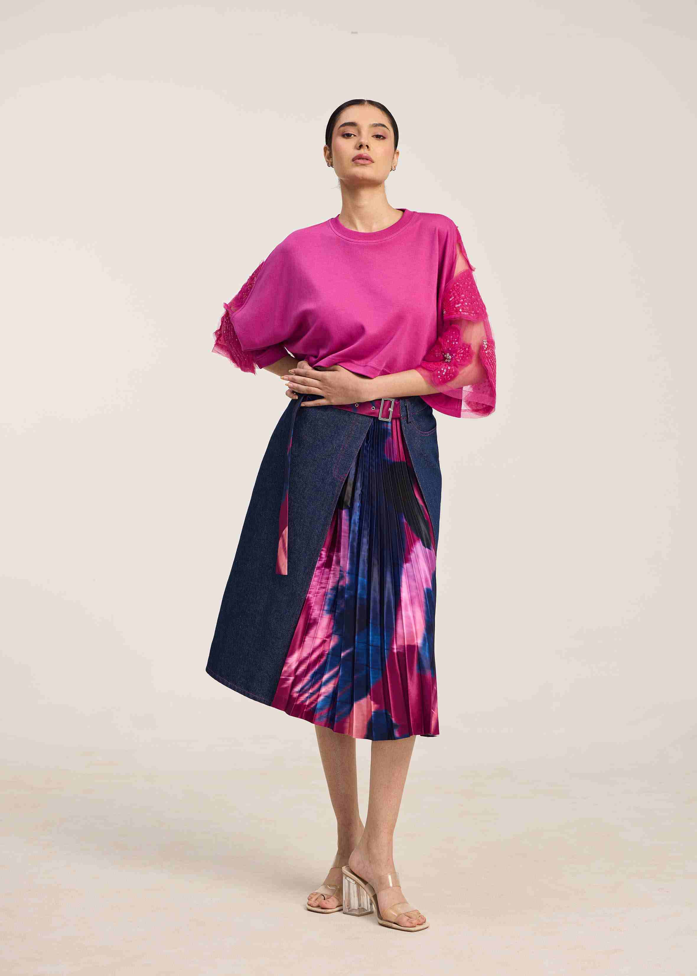 Afew Rahul Mishra | Denim flap skirt with printed pleated panel