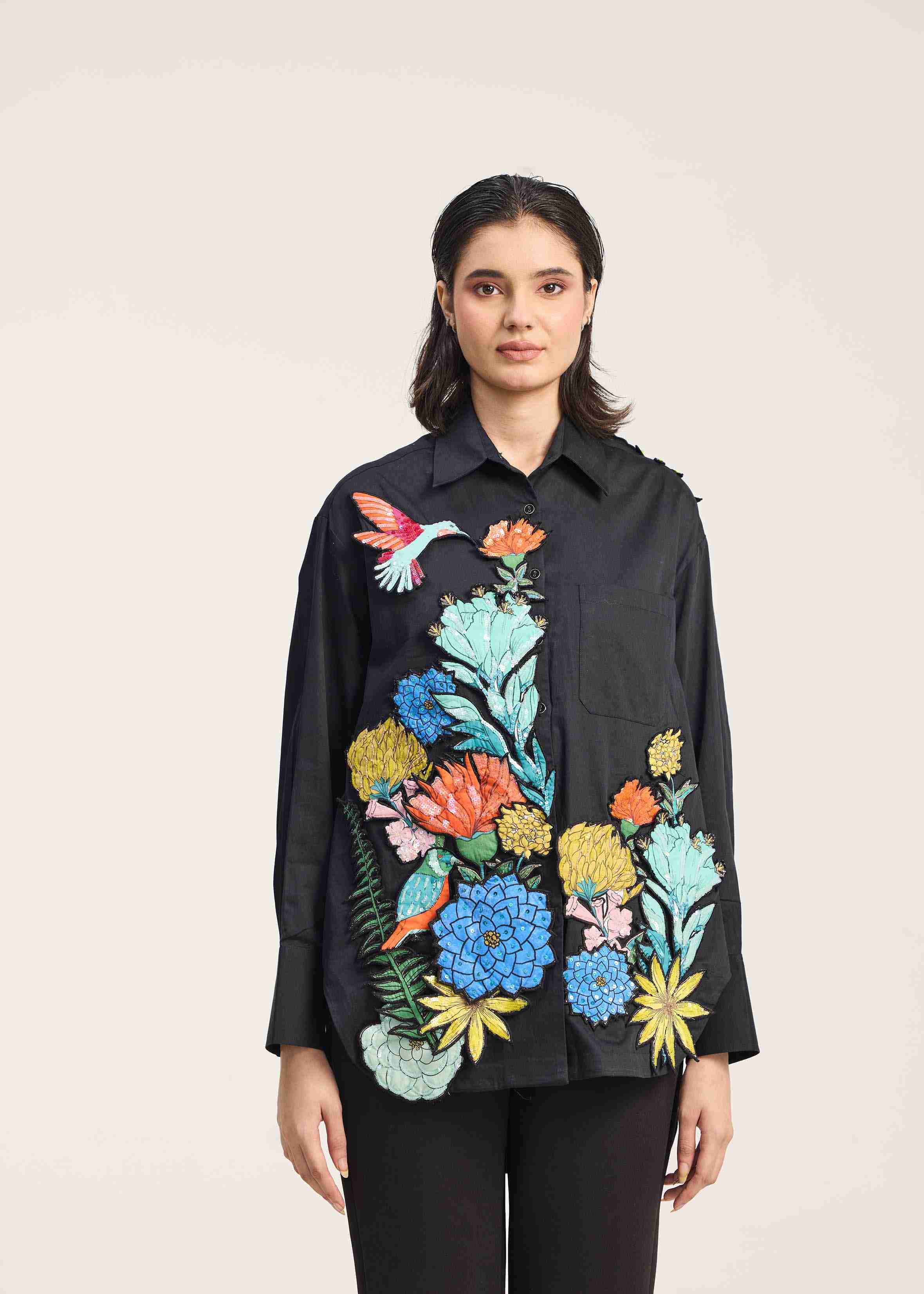 Oversized shirt with foliage composition patchwork