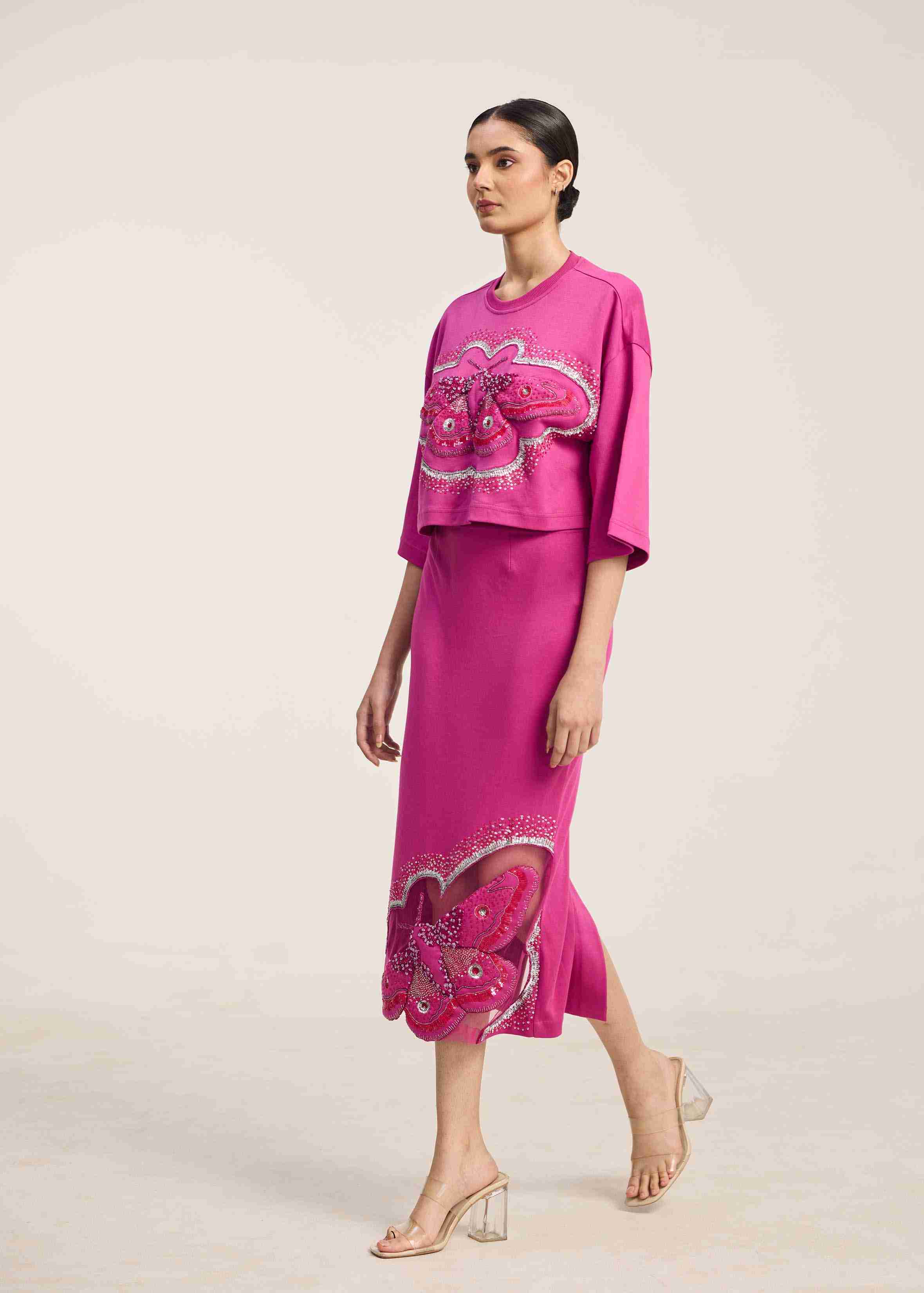 Pencil Skirt With 3D Moth Embroidery