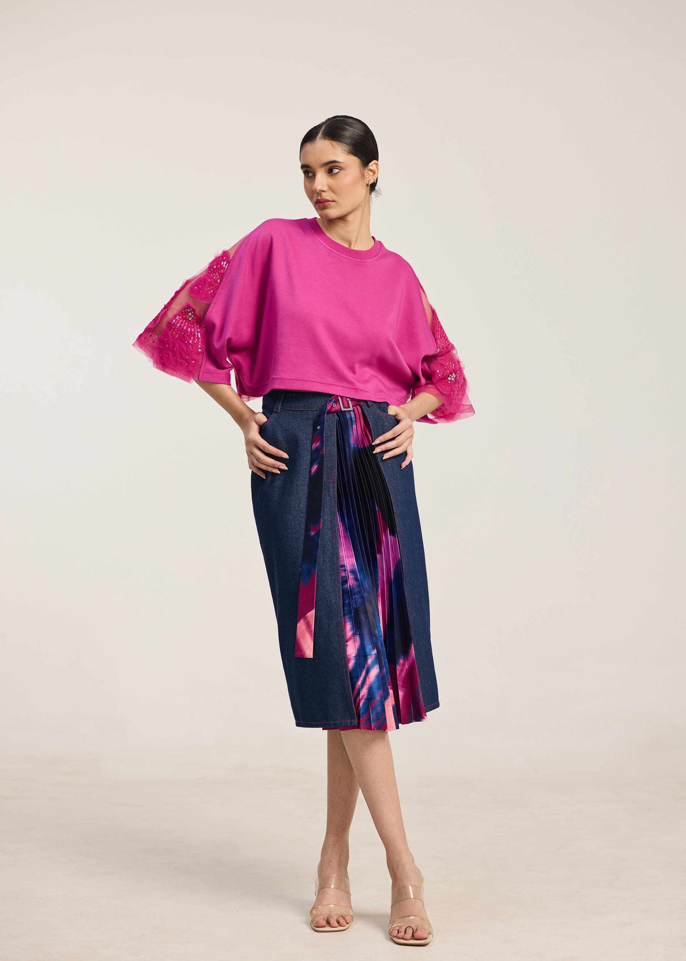 Afew Rahul Mishra | Crop panelled tshirt with cherry blossom emb