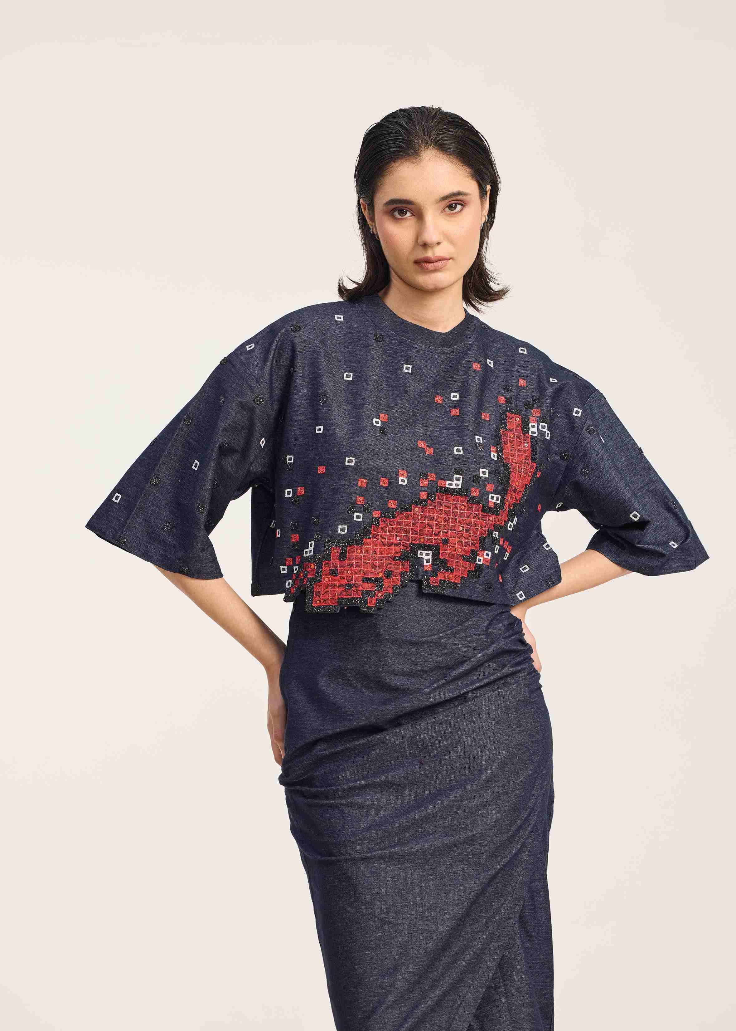 Crop T Shirt With Pixel Fox embroidery