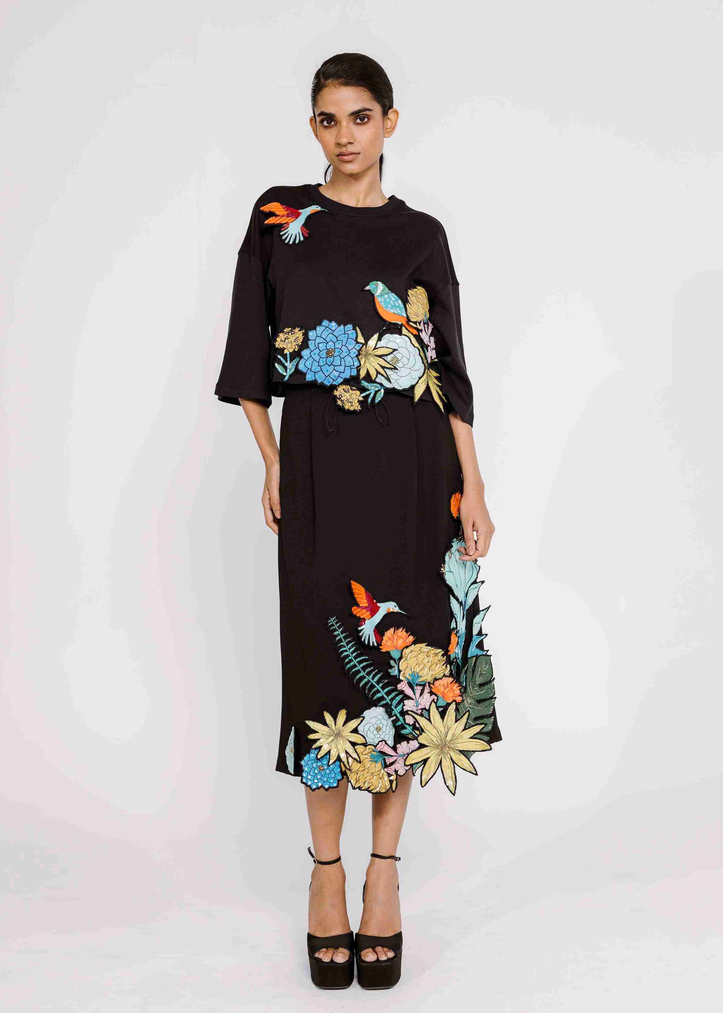 Jersey A-line skirt with 3D embroidered motifs