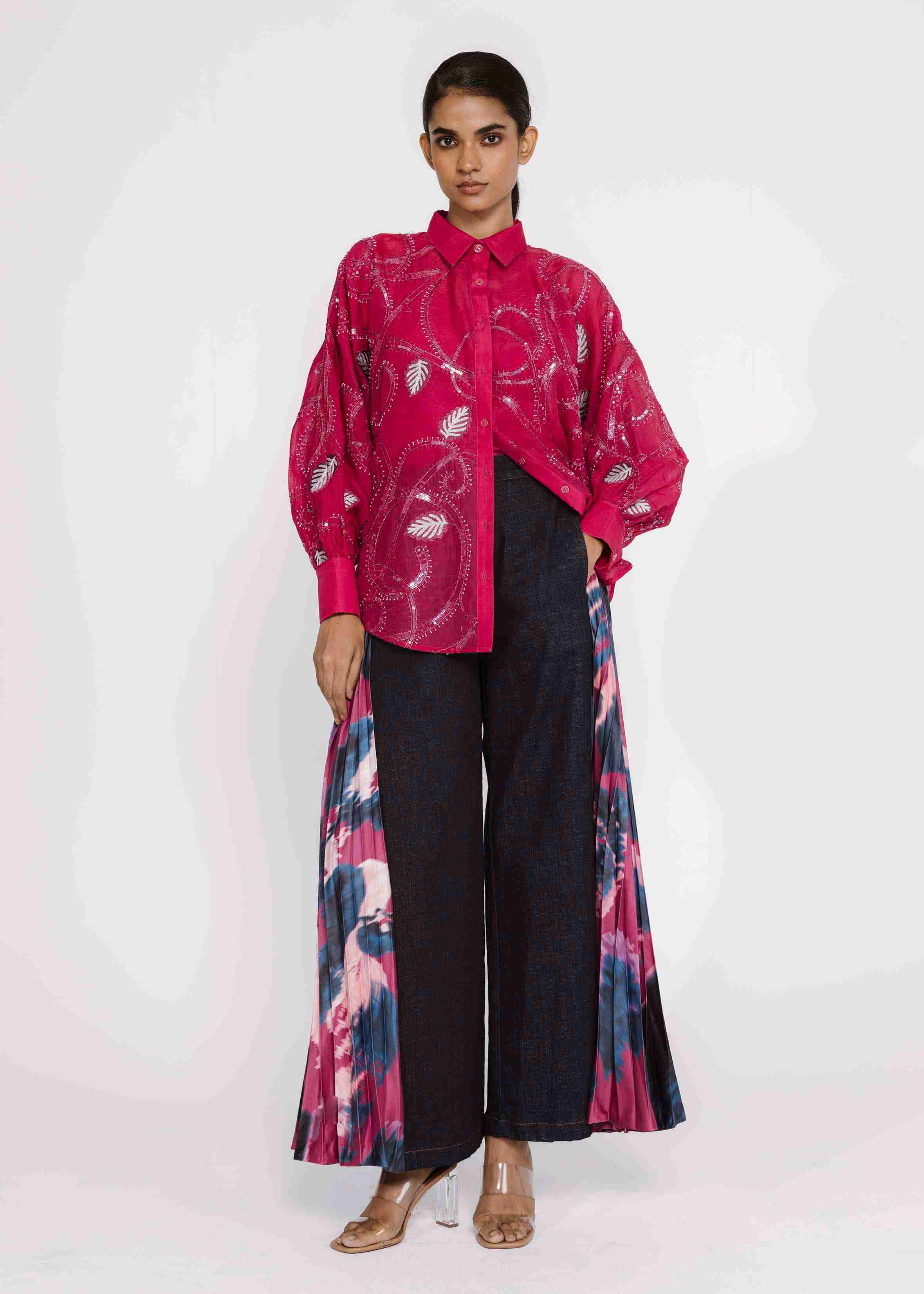 Pleated Flared Denim Trouser