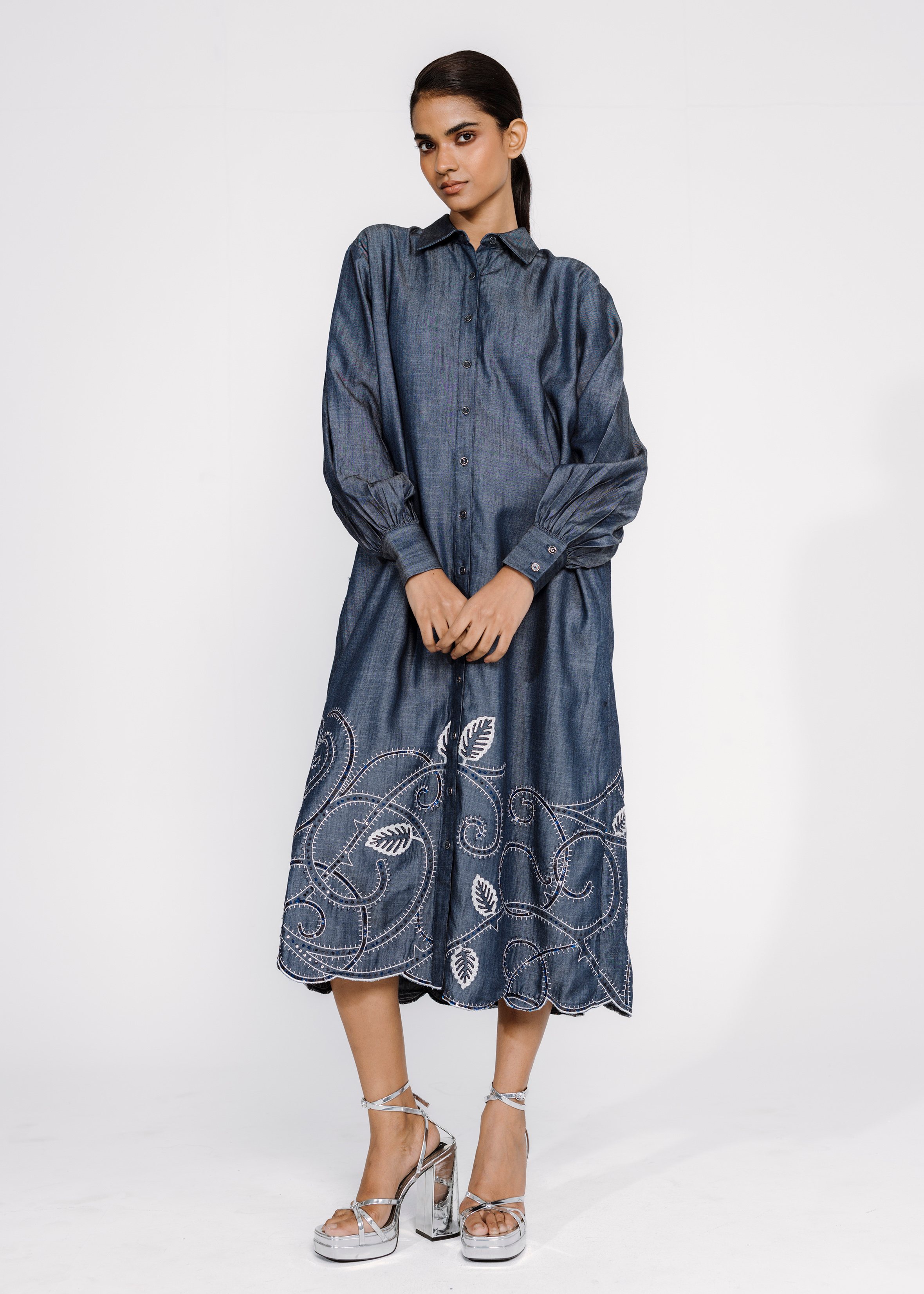 Emb Denim Shirt Dress With Gathered Sleeves