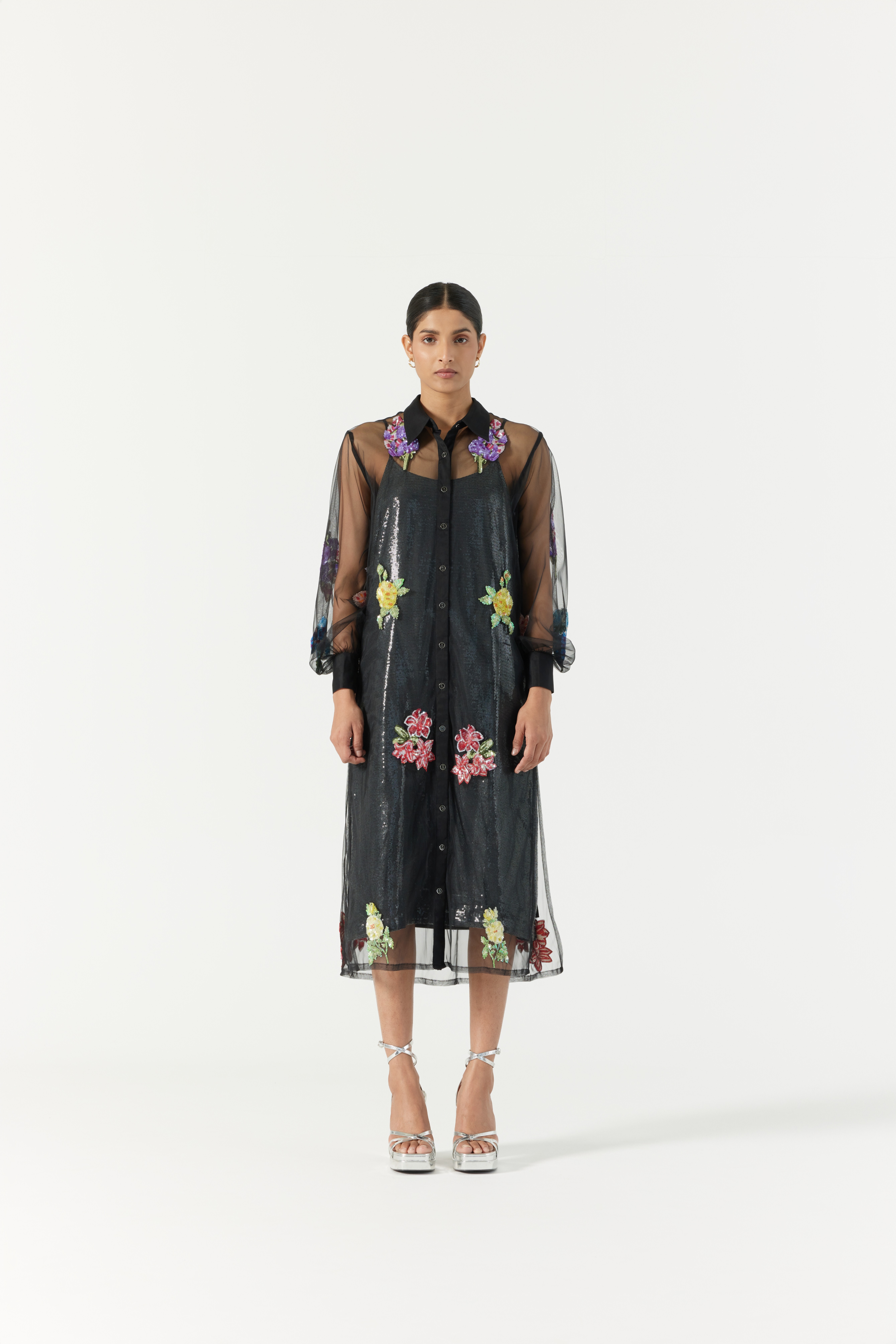 Black Botanical Shirt Dress