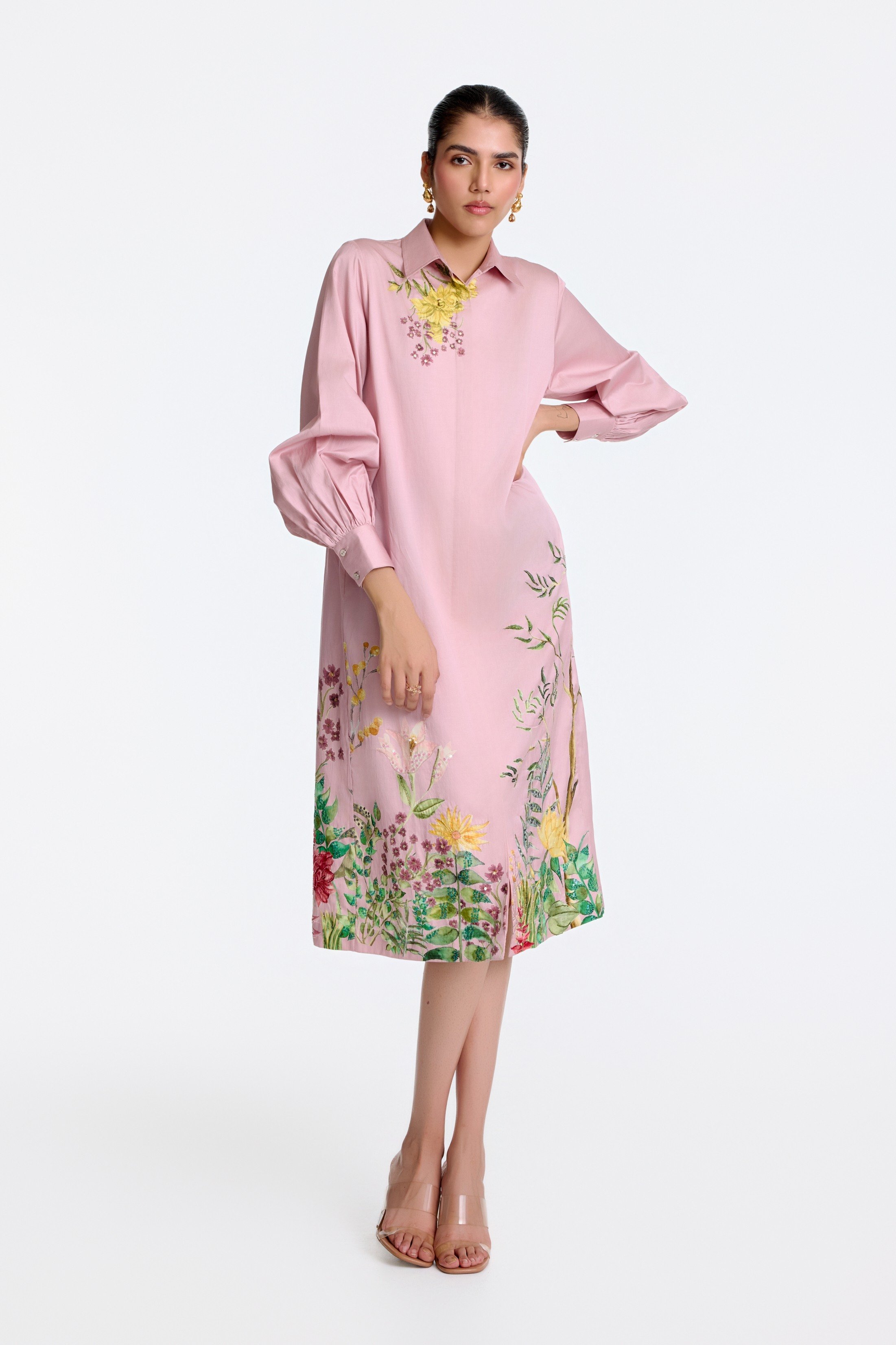 Blush Handpainted Embroidery Shirt Dress
