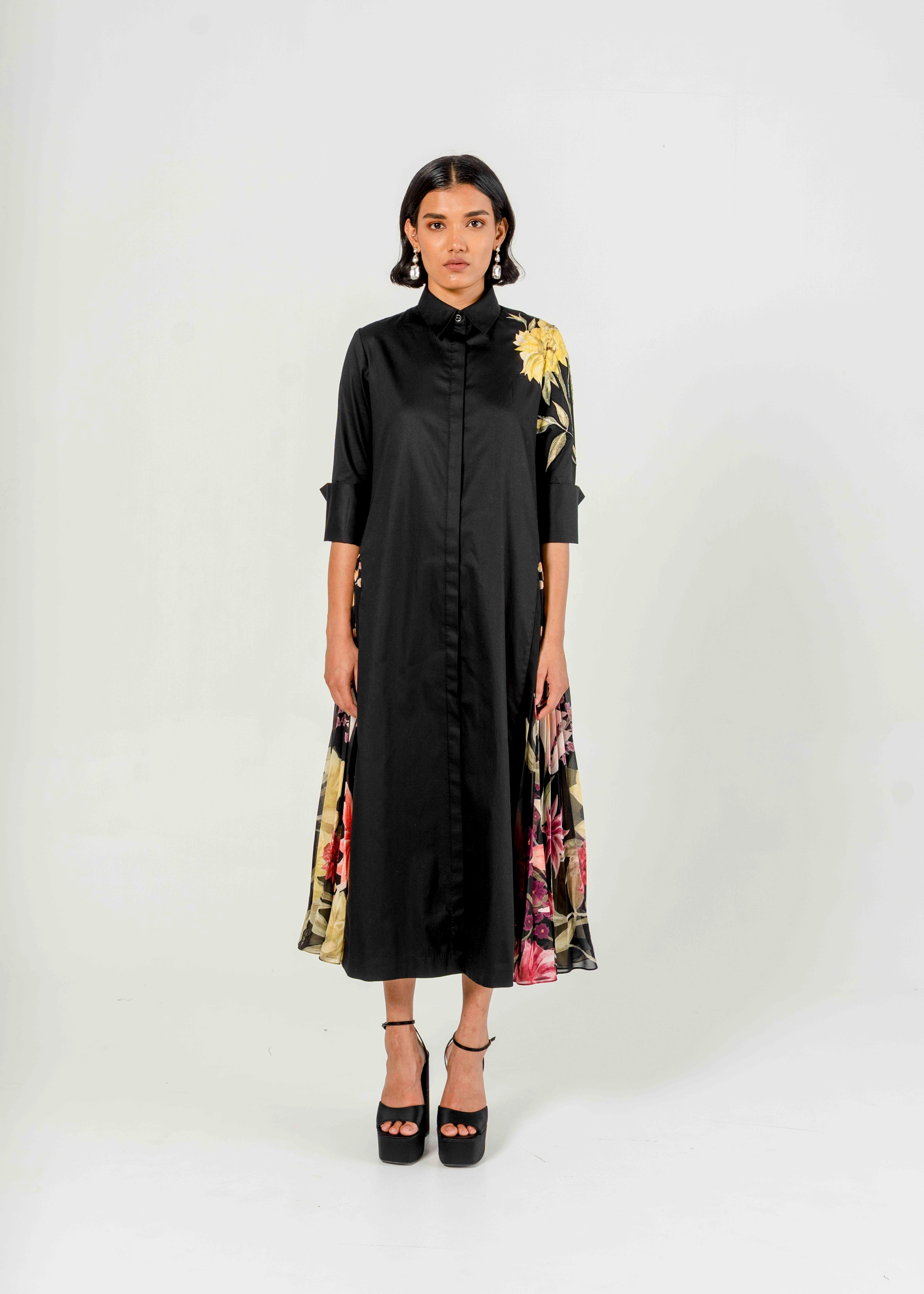 Black Shirt Dress With Printed Pleats