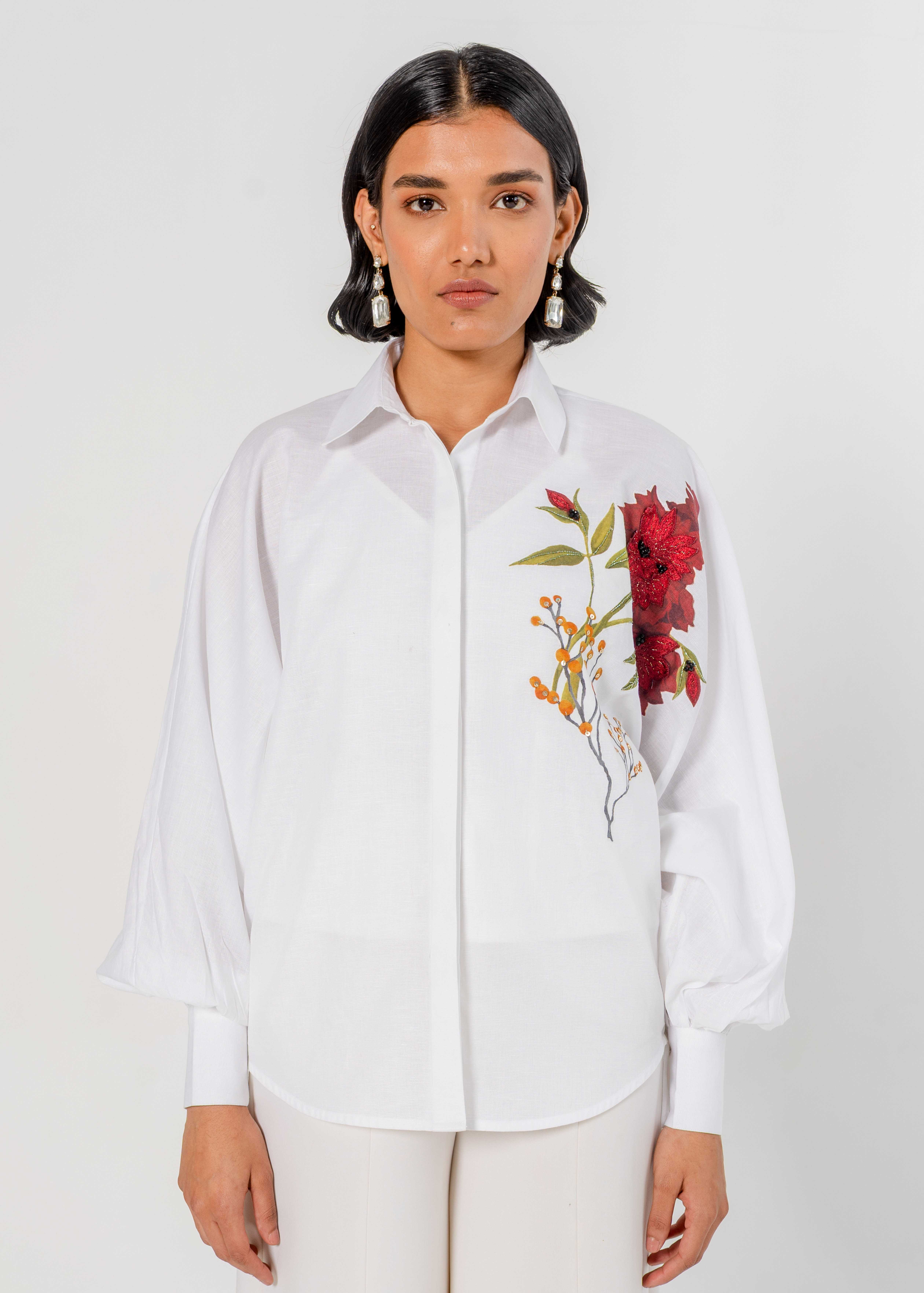 White Kimono Shirt With Placement Print