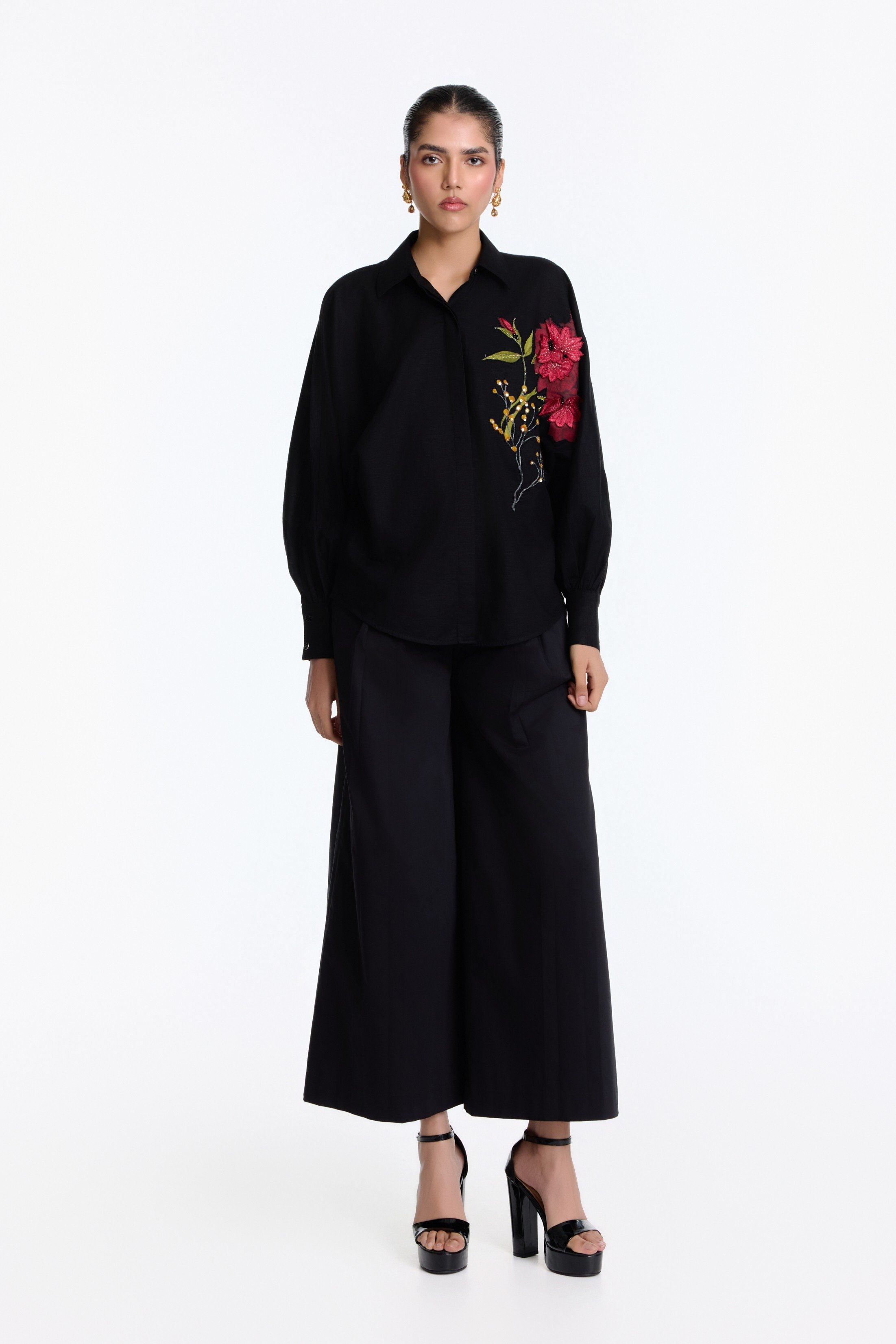 Black Kimono Shirt With Placement Print