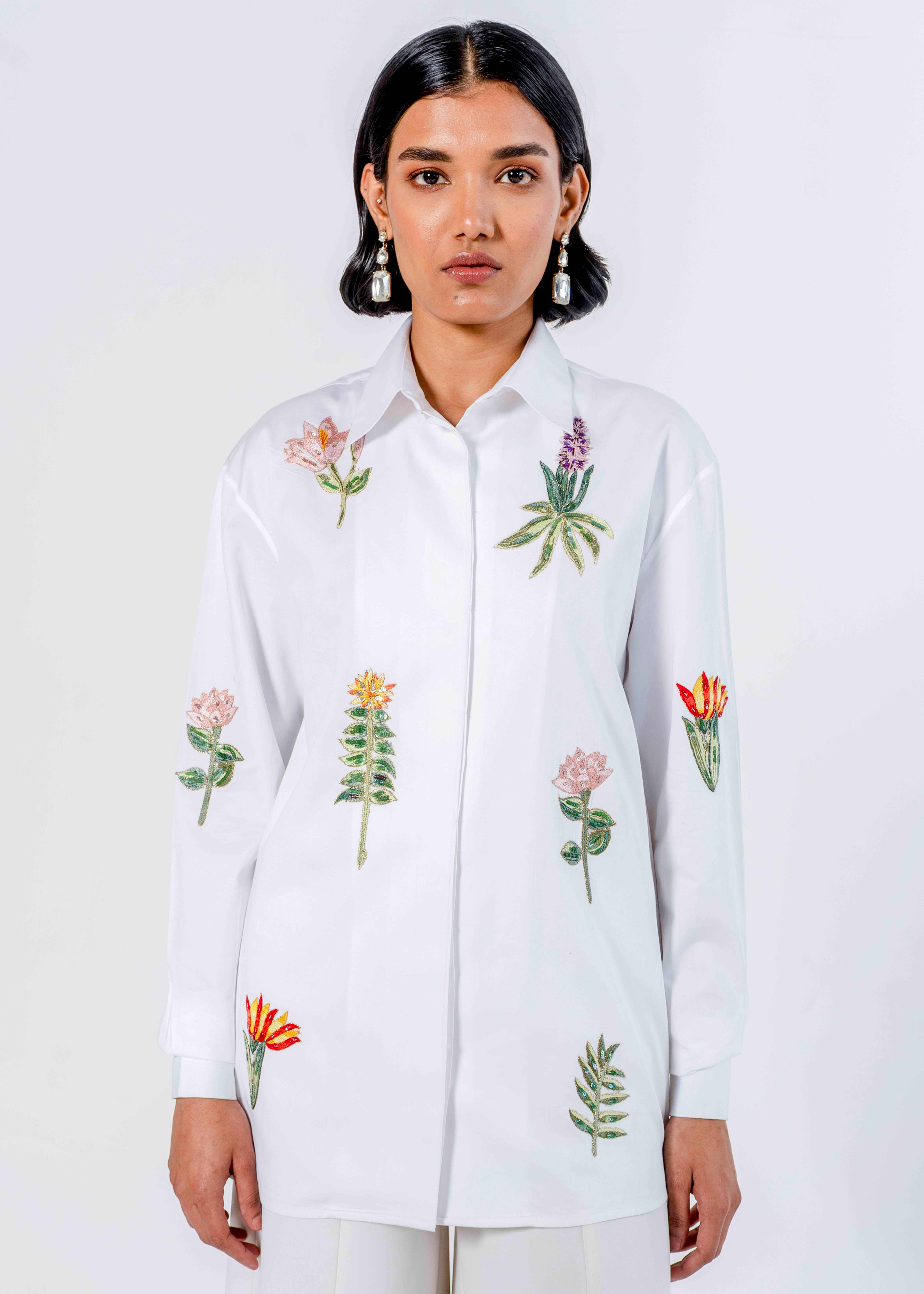 White Print Embellished Regular Shirt
