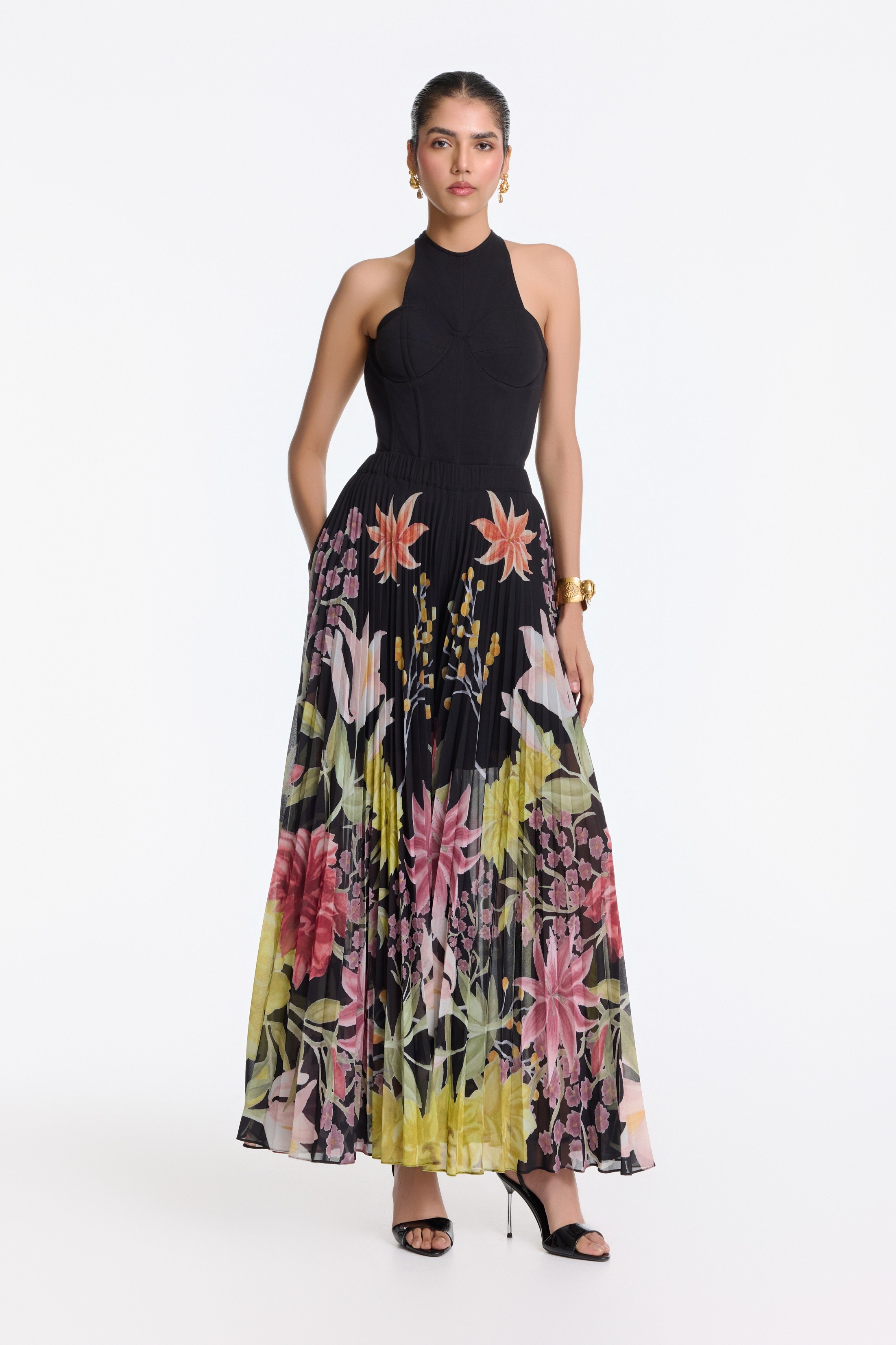 Black Printed Pleated Pants