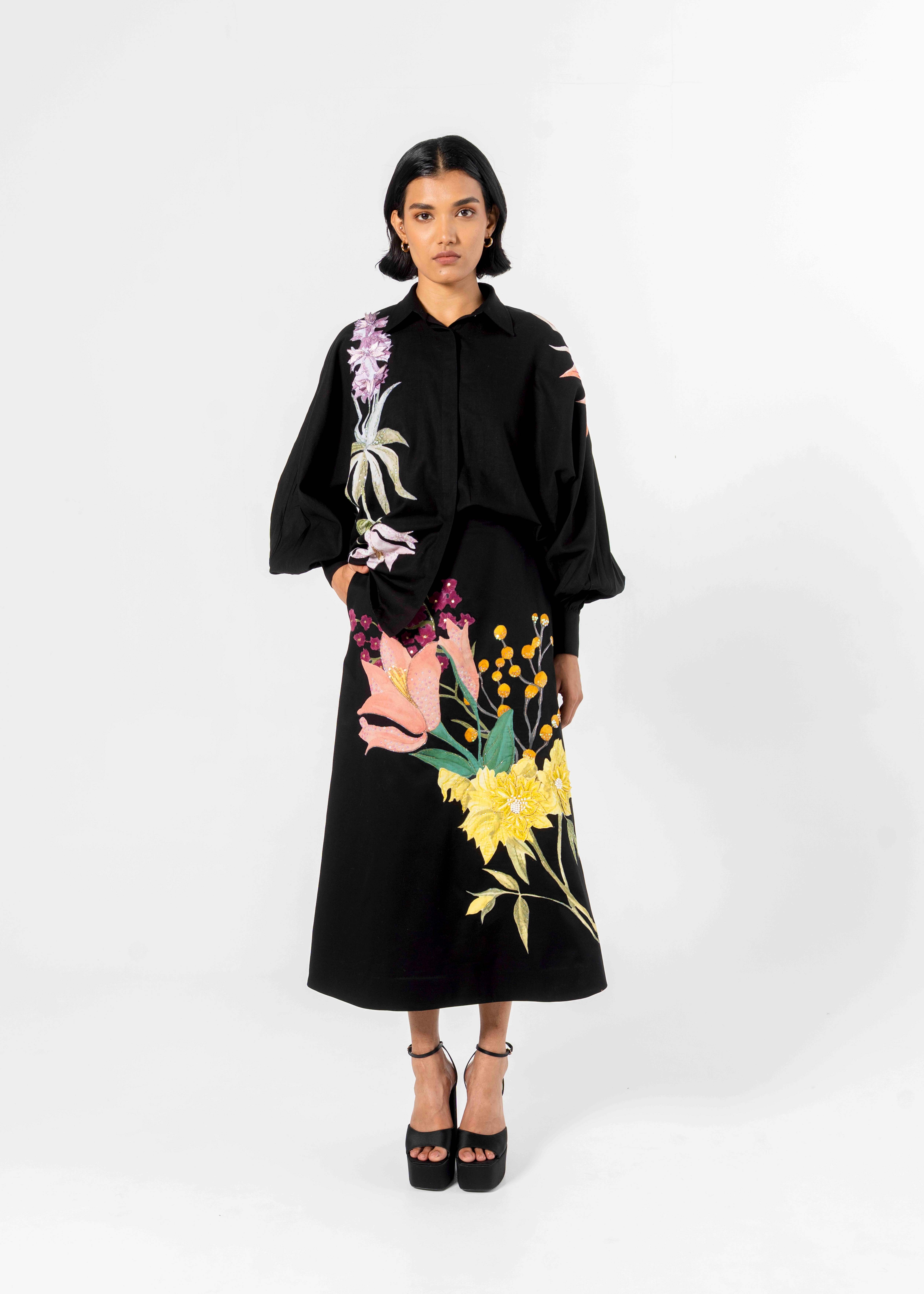 Black Floral Printed Satin A Line Skirt