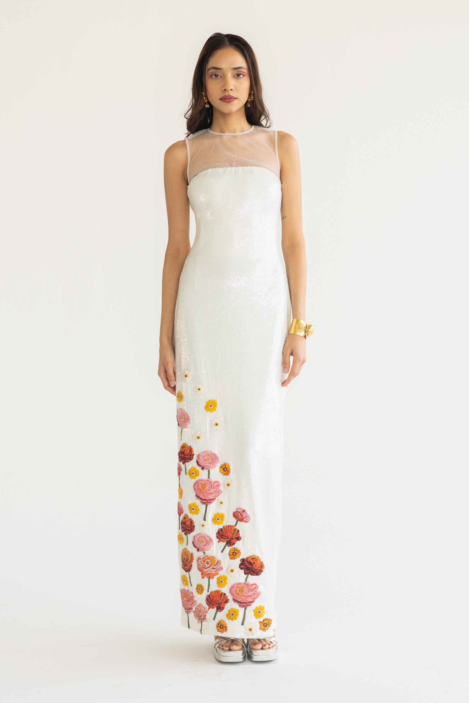 Sequined White Corset Dress With Embroidery