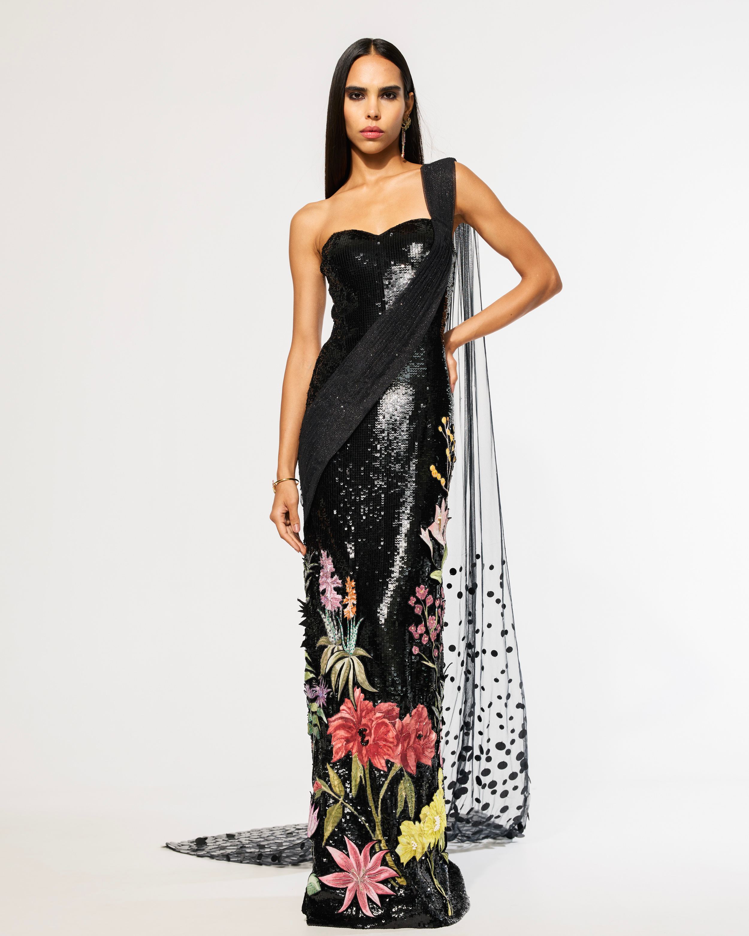 Pre Draped Saree With Sequin Embroidery