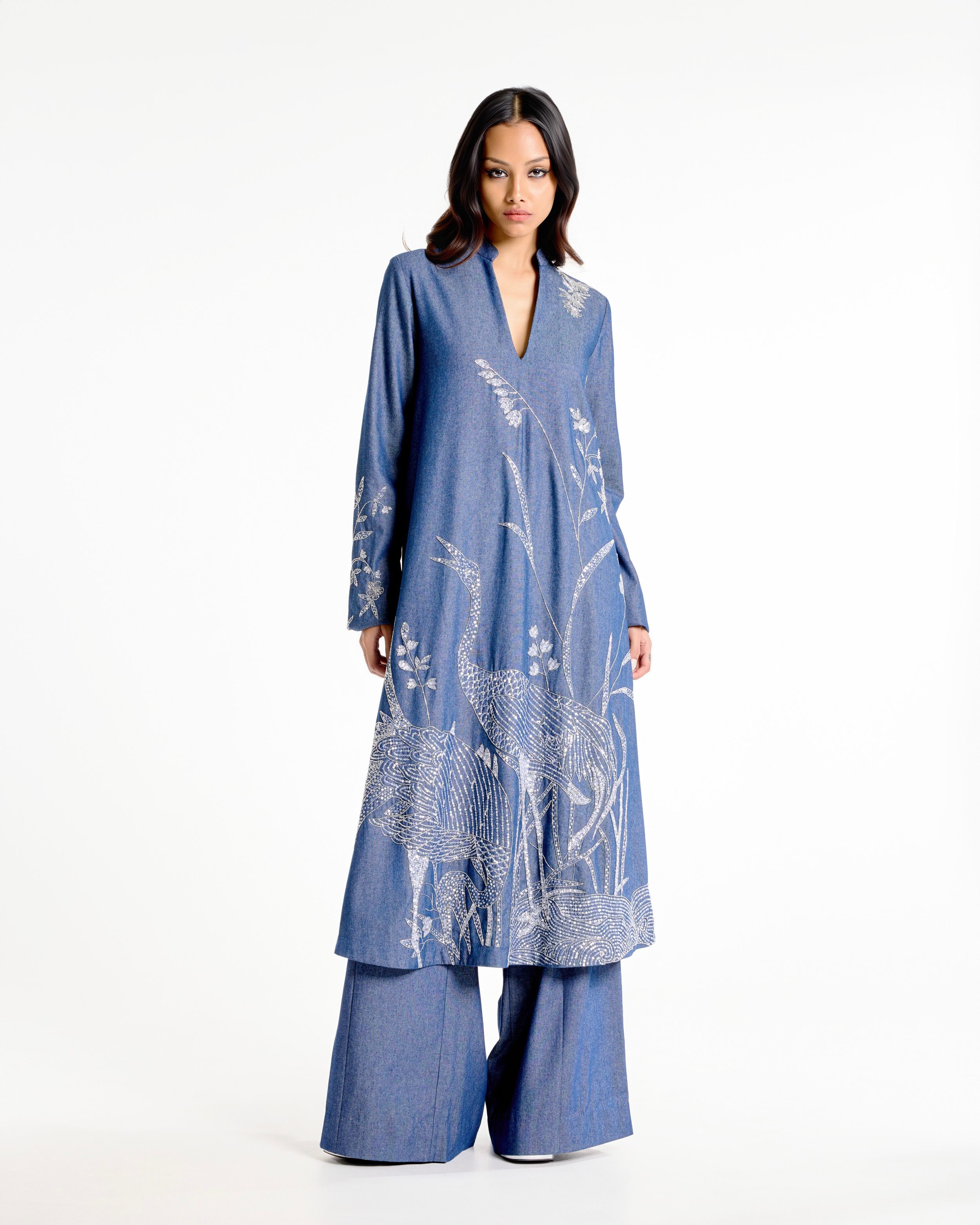 Denim V-Neck Blue Kurta