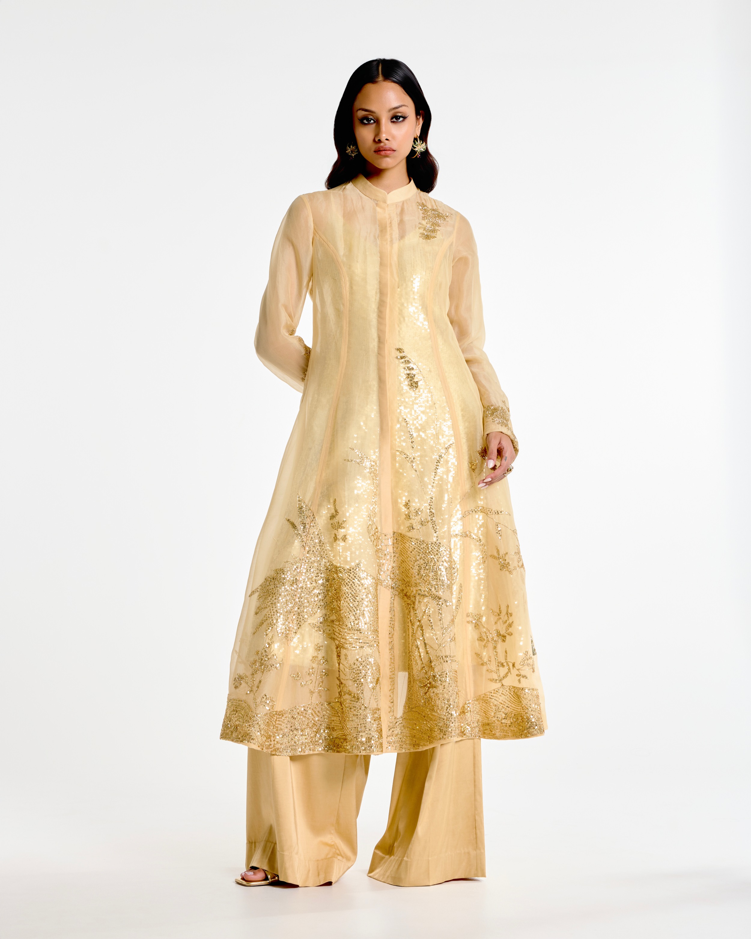 Embroidered Organza Gold Kurta
