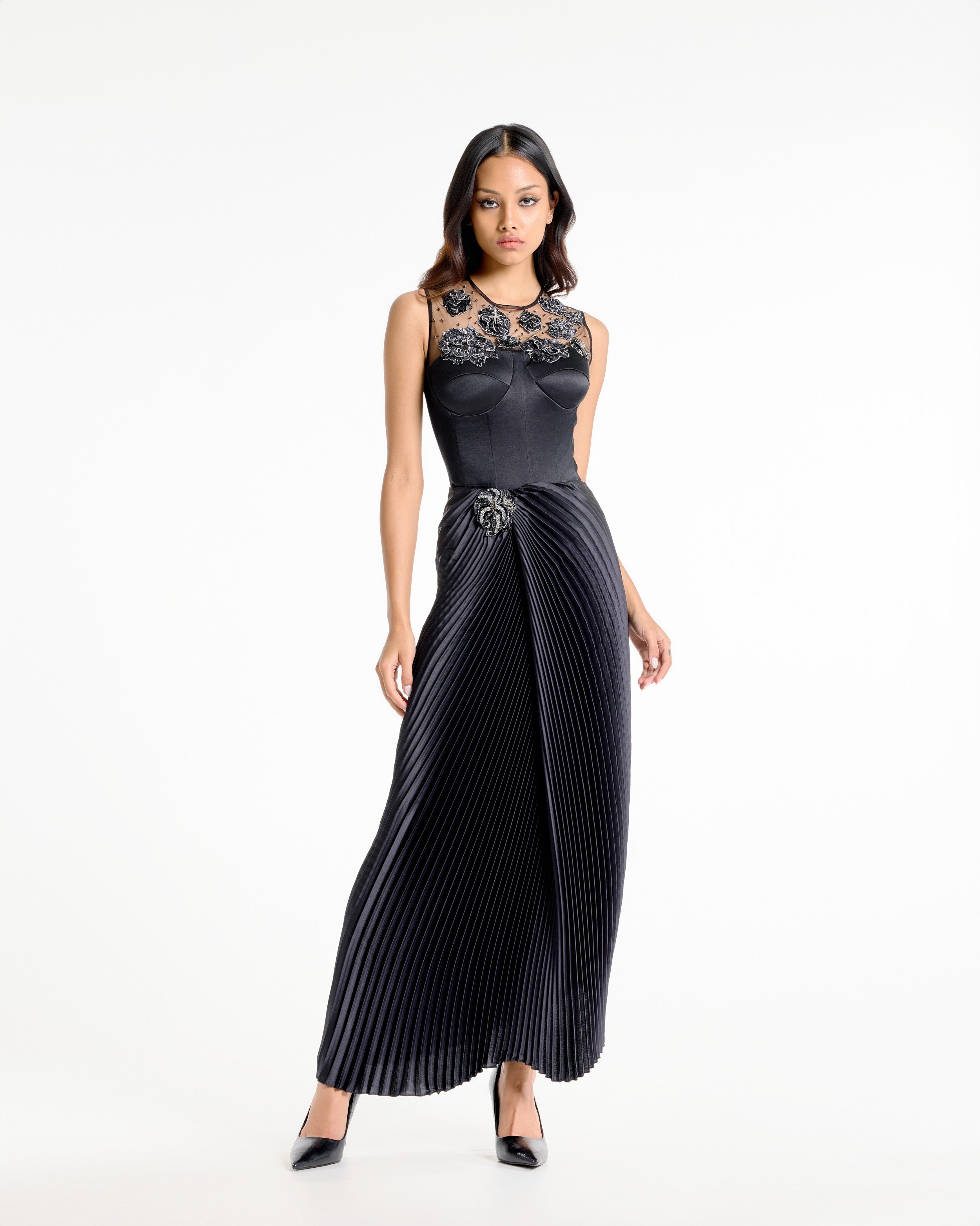 Pleated Black Skirt With Brooch