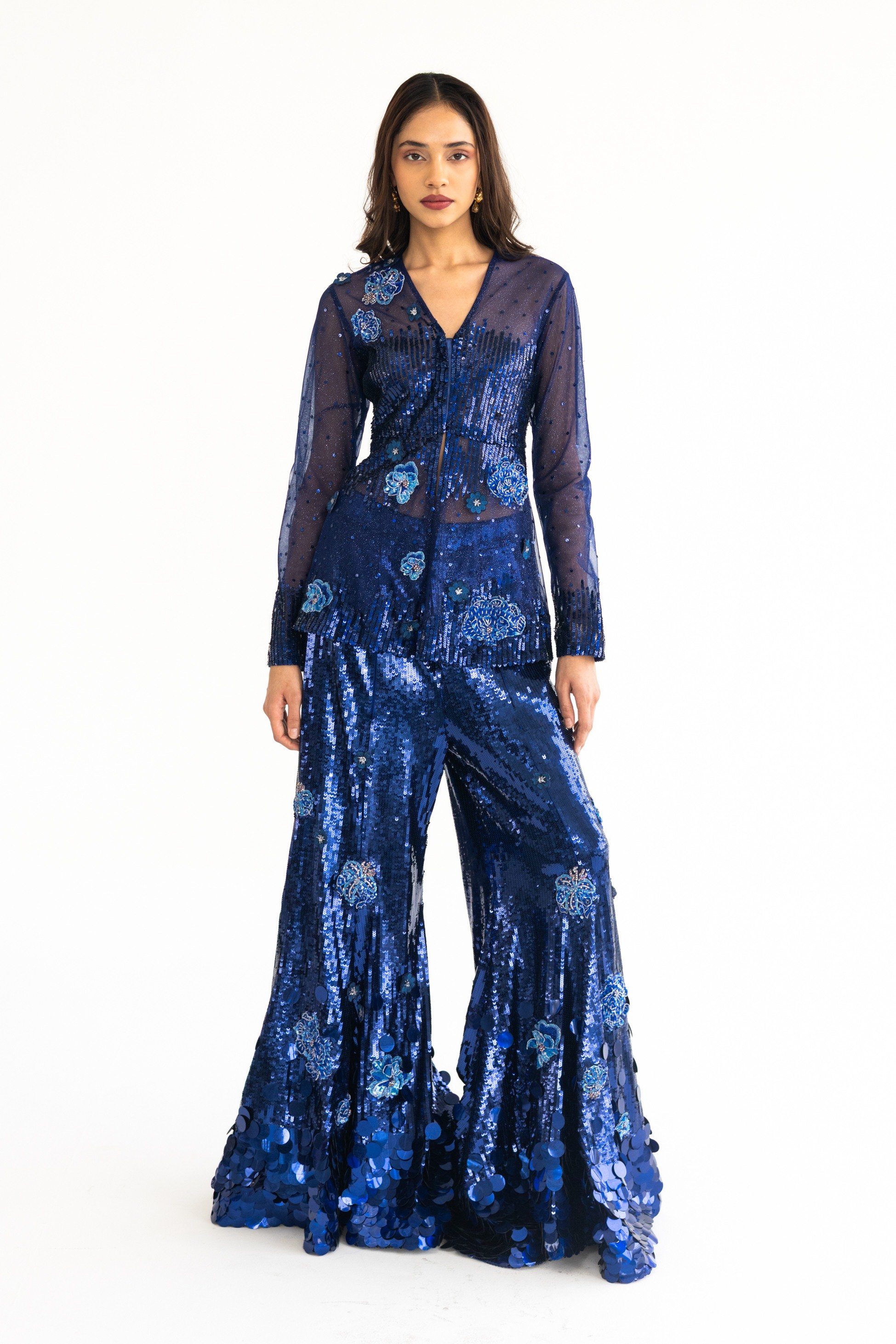 Navy Sequin Embroidery Pants