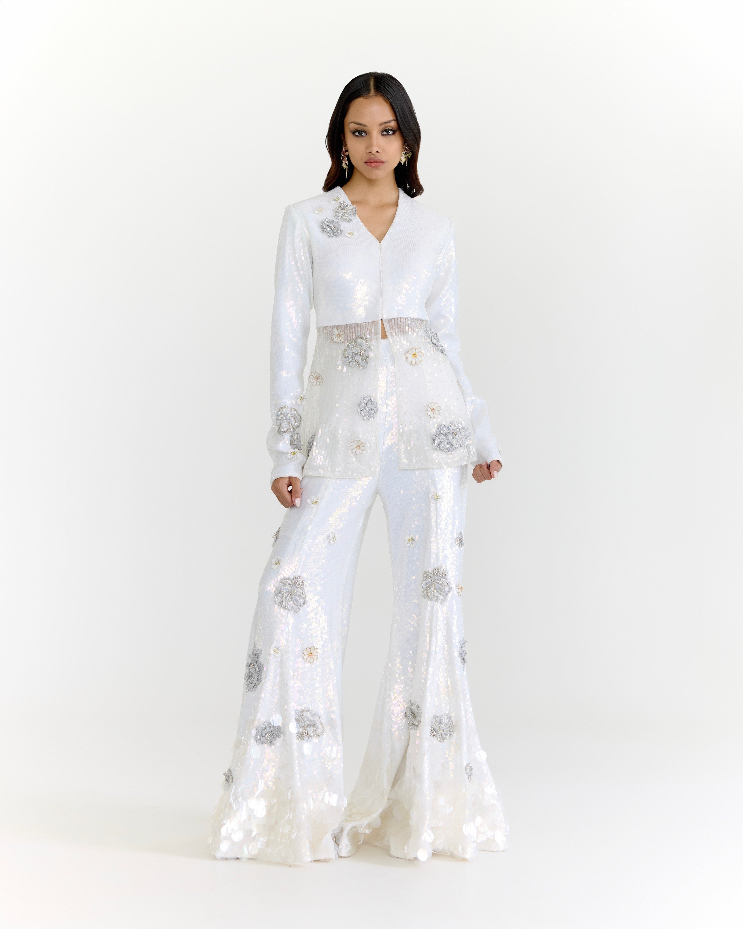 Silver Sequin Embroidery Pants