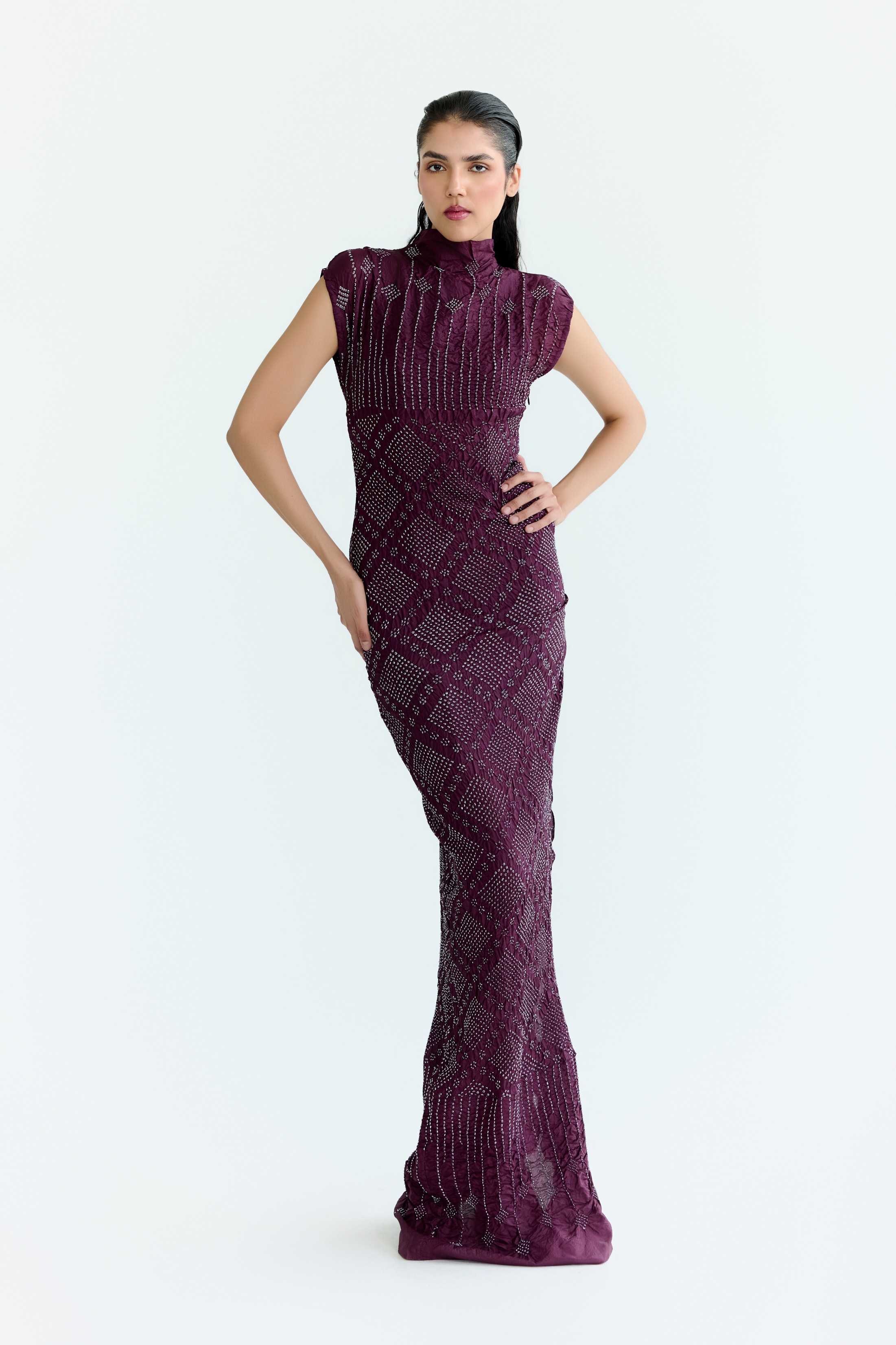 Bandhani Wine Fitted Dress